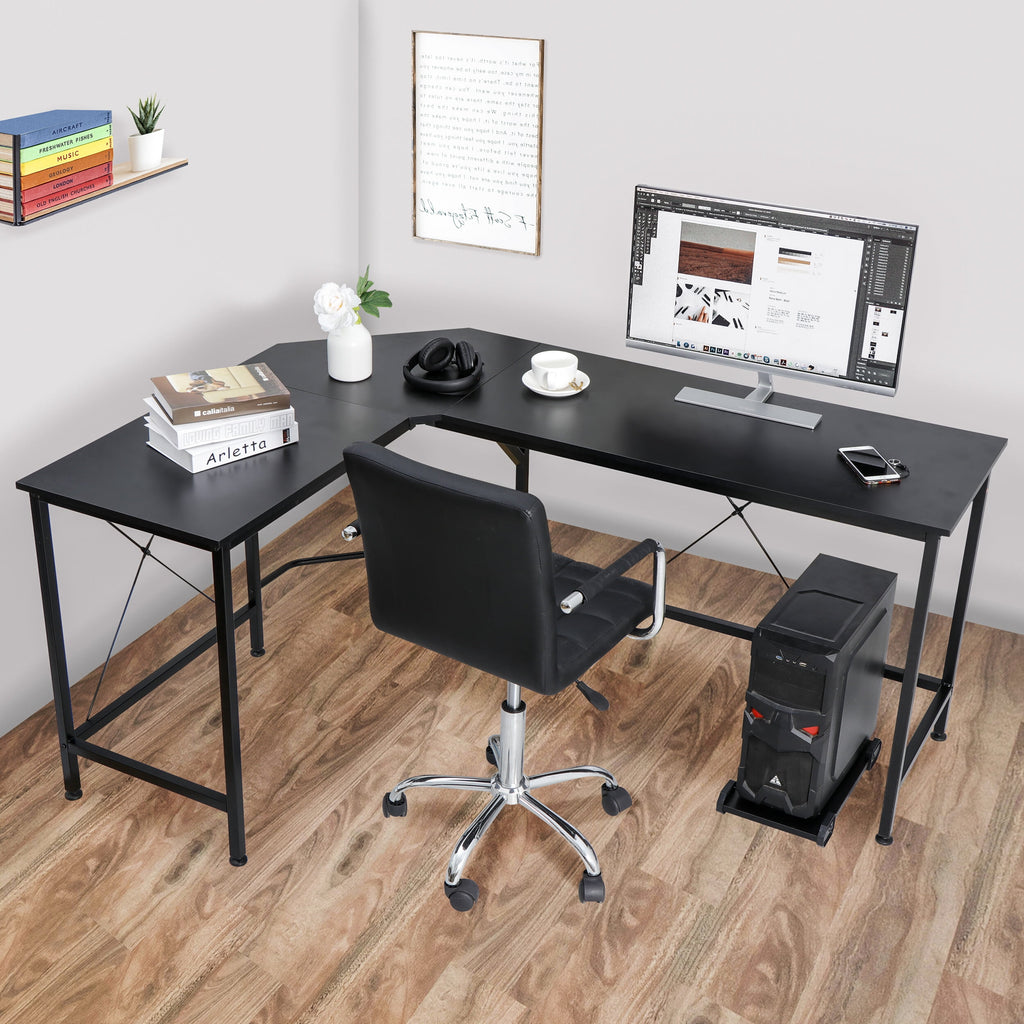 SuperDeal 66" MDF L-Shaped Computer Desk Powder Coating W/CPU Stand 30in Height for Adult