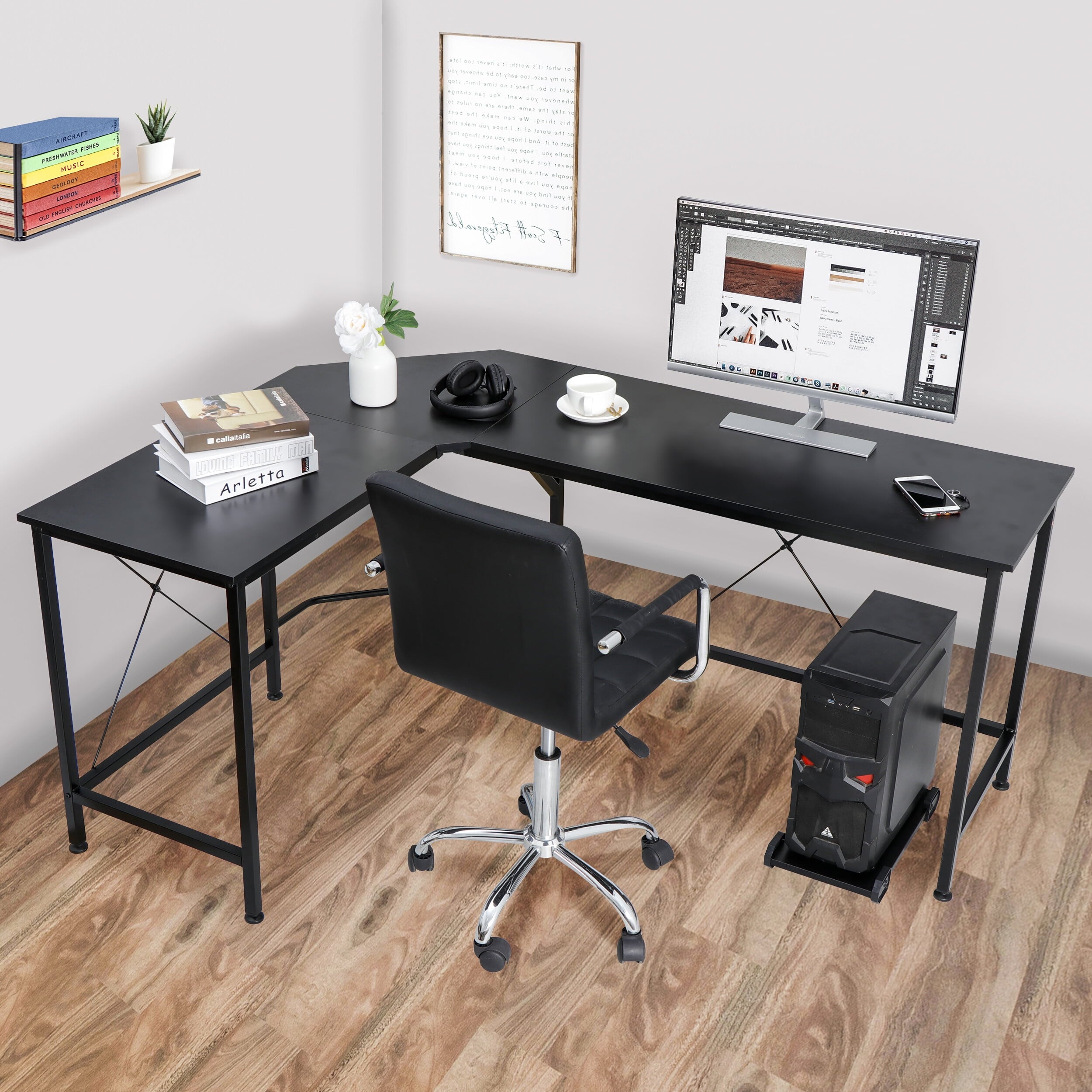 SuperDeal 66" MDF L-Shaped Computer Desk Powder Coating W/CPU Stand 30in Height for Adult
