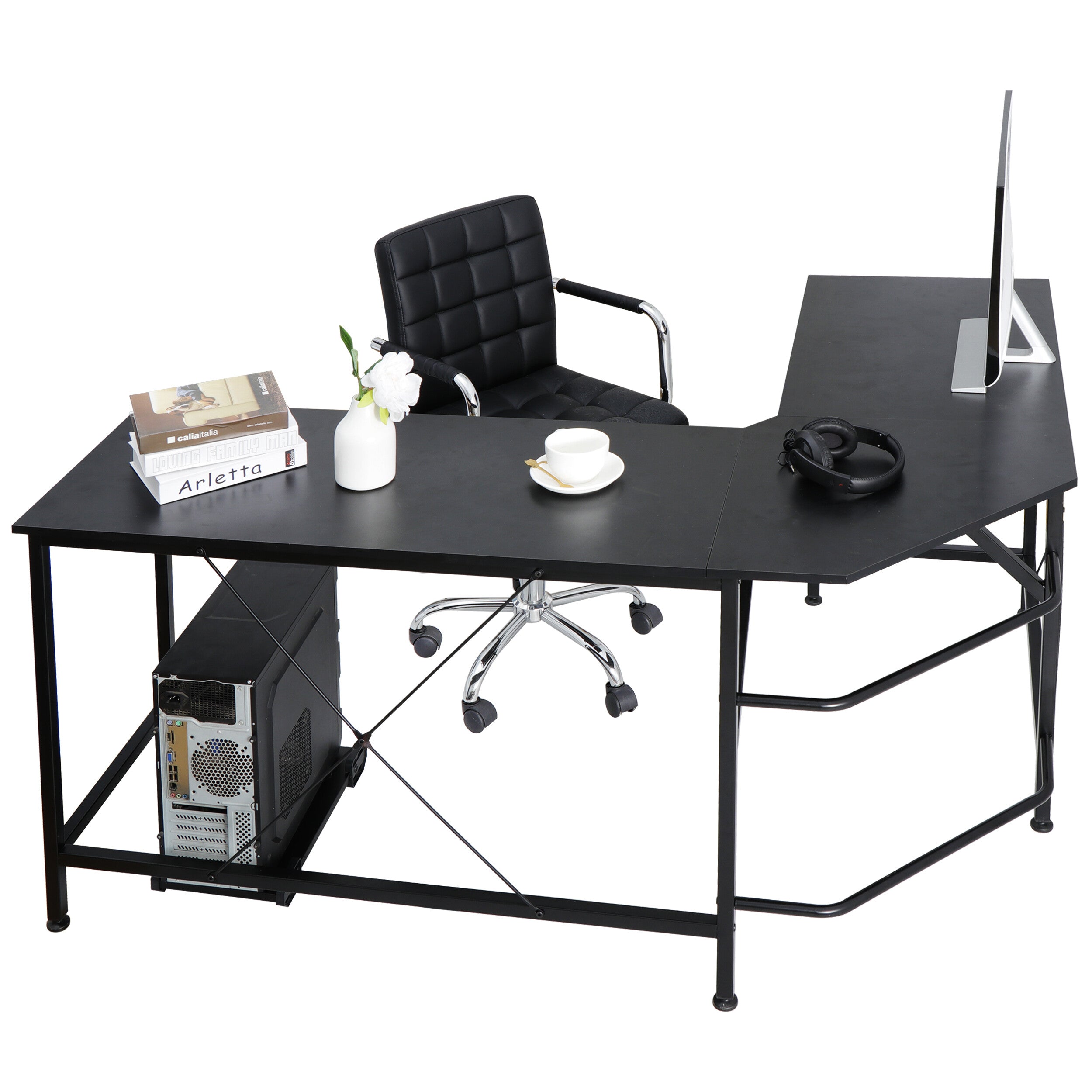 SuperDeal 66" MDF L-Shaped Computer Desk Powder Coating W/CPU Stand 30in Height for Adult