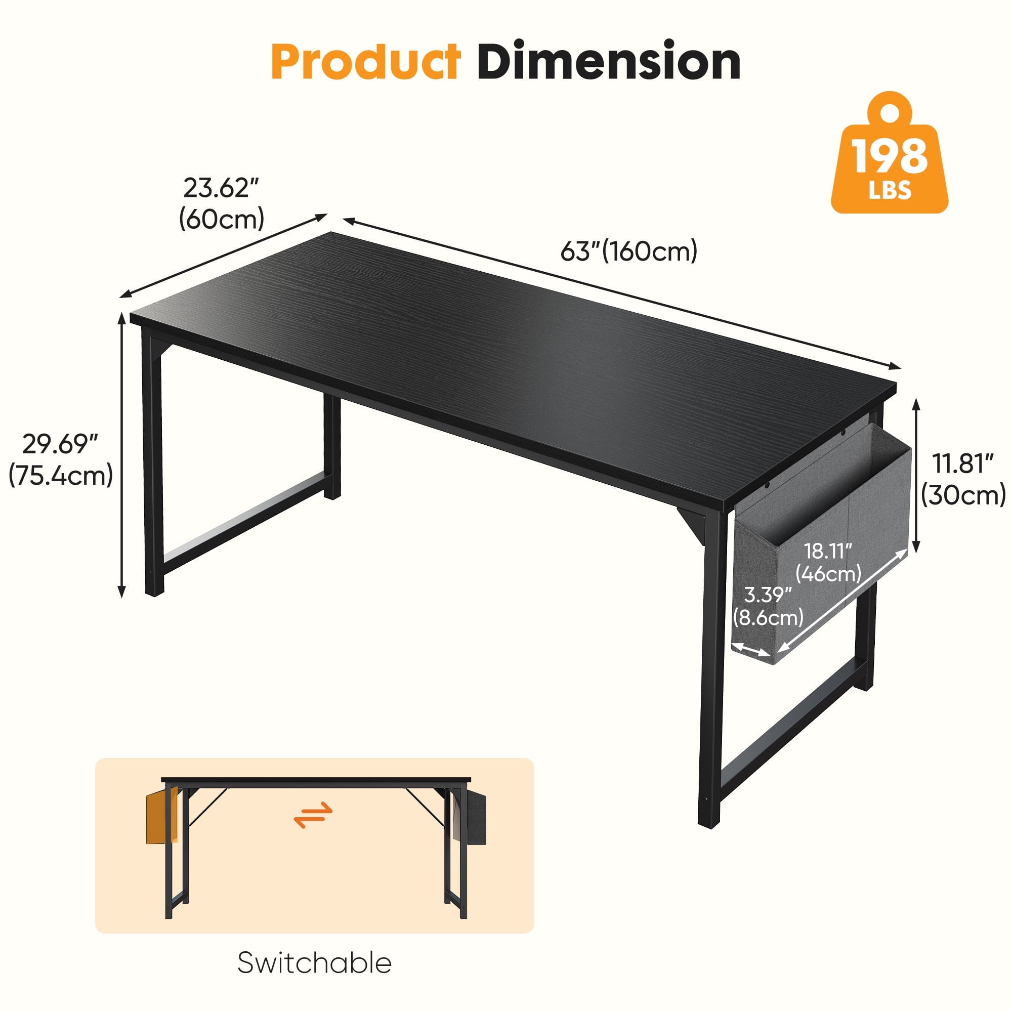 EDX 63" Computer Desk with Metal Frame, Waterproof Surface &amp; Storage Bag – Ideal for Office Use, Black