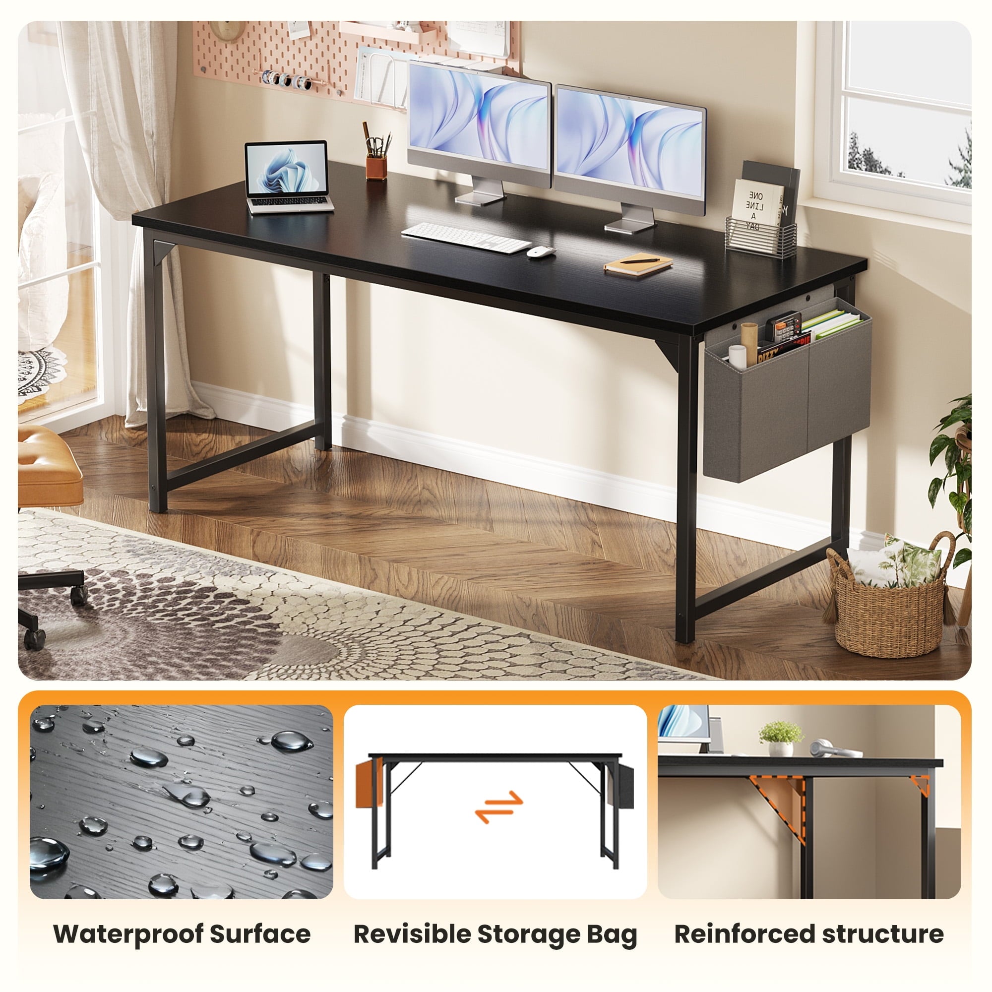 EDX 63" Computer Desk with Metal Frame, Waterproof Surface &amp; Storage Bag – Ideal for Office Use, Black