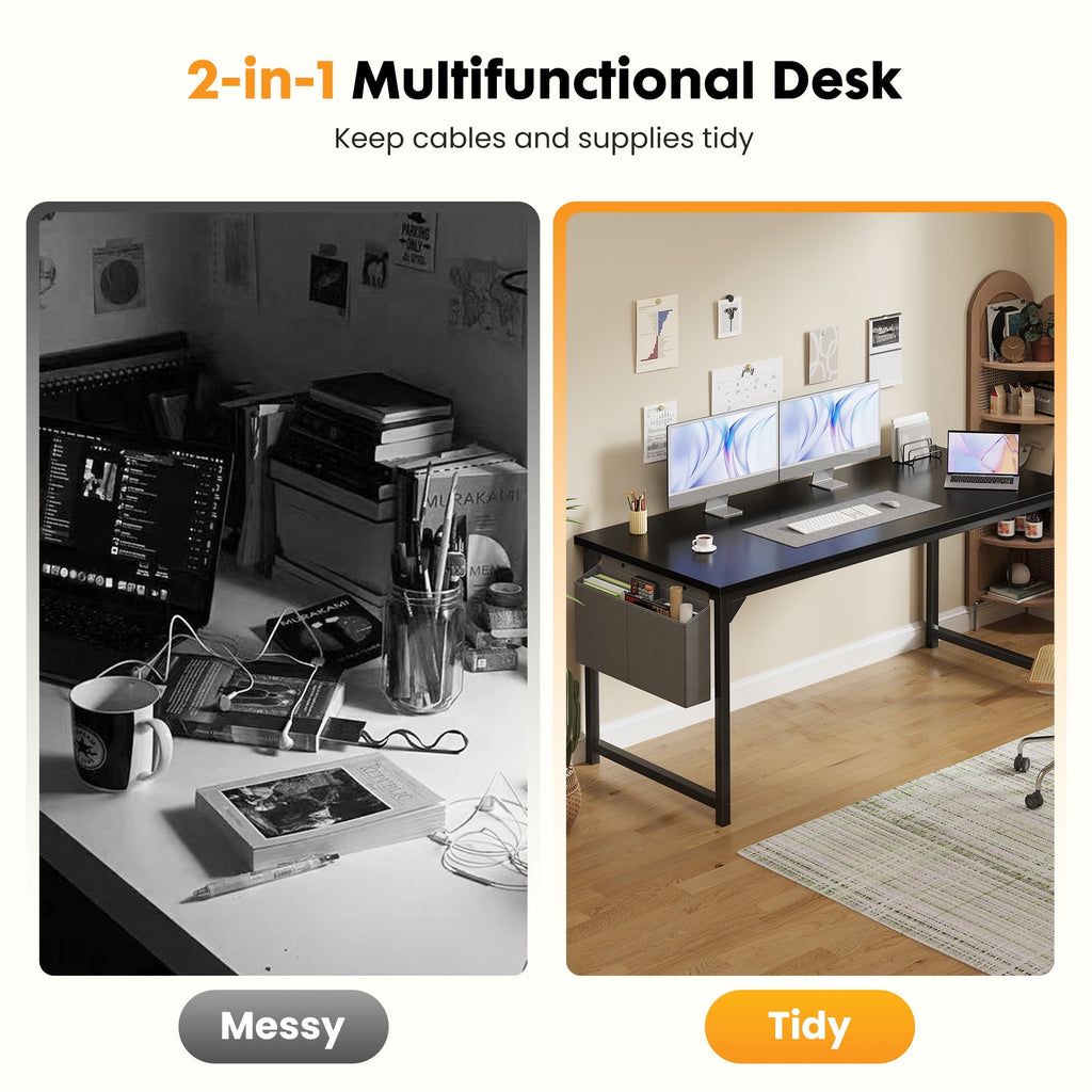 EDX 63" Computer Desk with Metal Frame, Waterproof Surface &amp; Storage Bag – Ideal for Office Use, Black