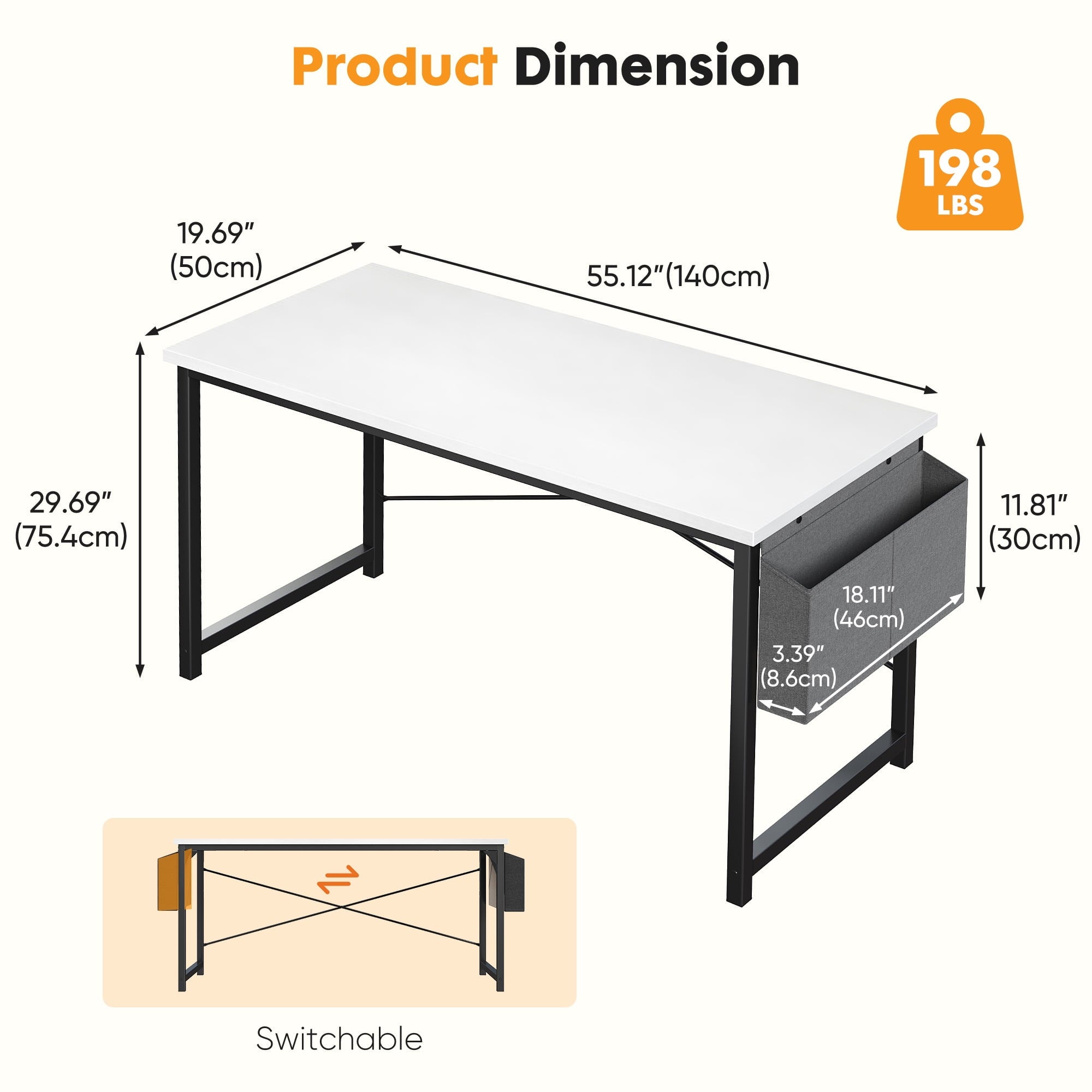 EDX 63" Computer Desk with Metal Frame, Waterproof Surface &amp; Storage Bag – Ideal for Office Use, Black