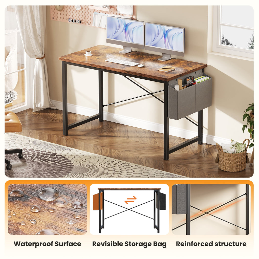 EDX 63" Computer Desk with Metal Frame, Waterproof Surface &amp; Storage Bag – Ideal for Office Use, Black