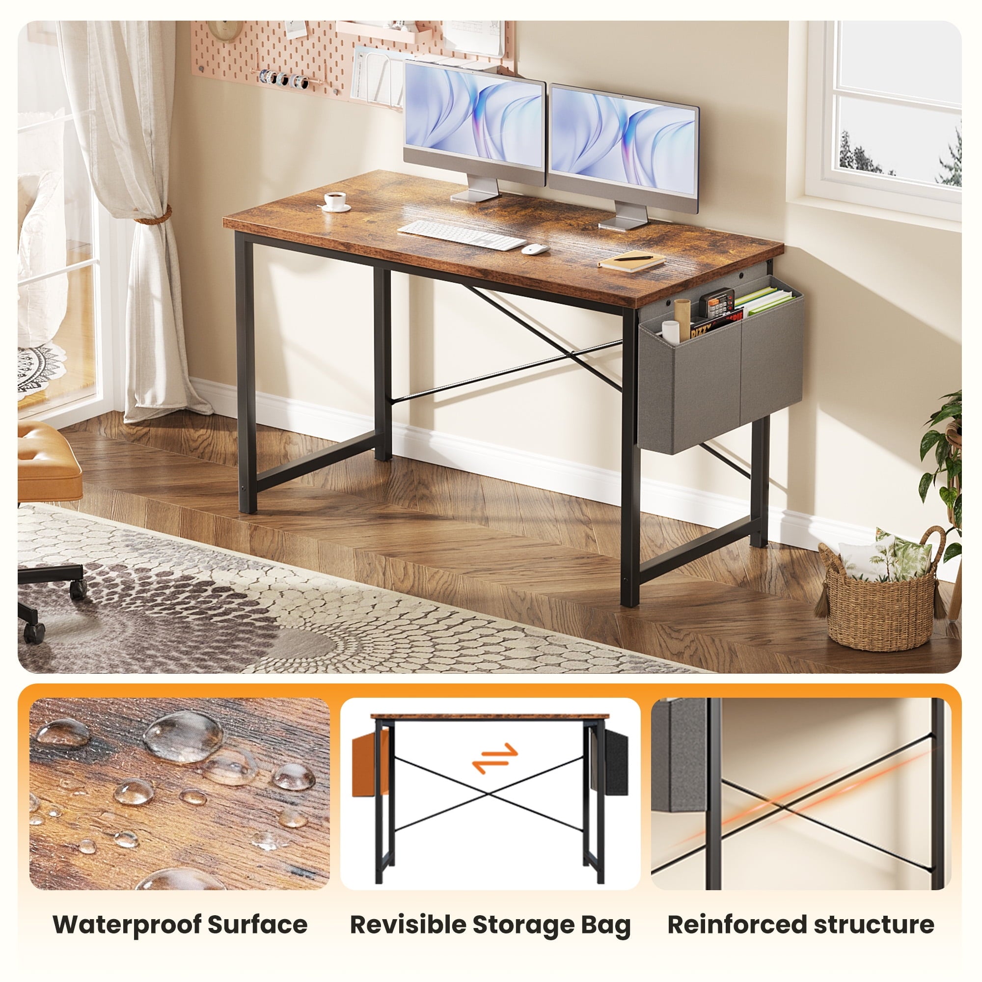 EDX 63" Computer Desk with Metal Frame, Waterproof Surface &amp; Storage Bag – Ideal for Office Use, Black