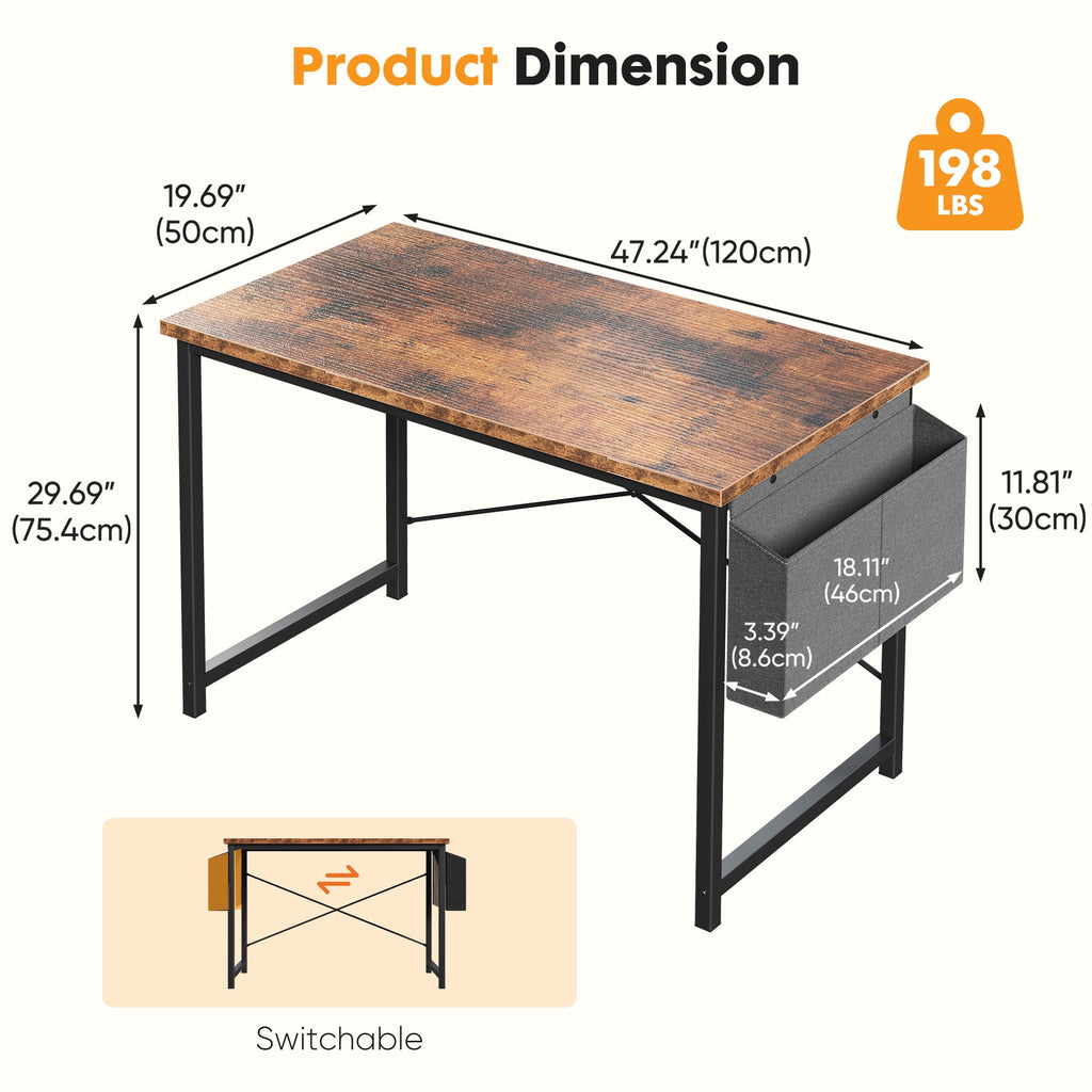 EDX 63" Computer Desk with Metal Frame, Waterproof Surface &amp; Storage Bag – Ideal for Office Use, Black