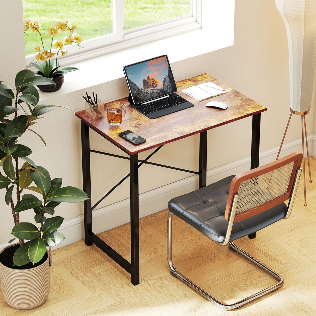 CONCETTA Computer Desk, 40 Inch with Storage Bag and Iron Hooks for Home, Office, Rustic Brown