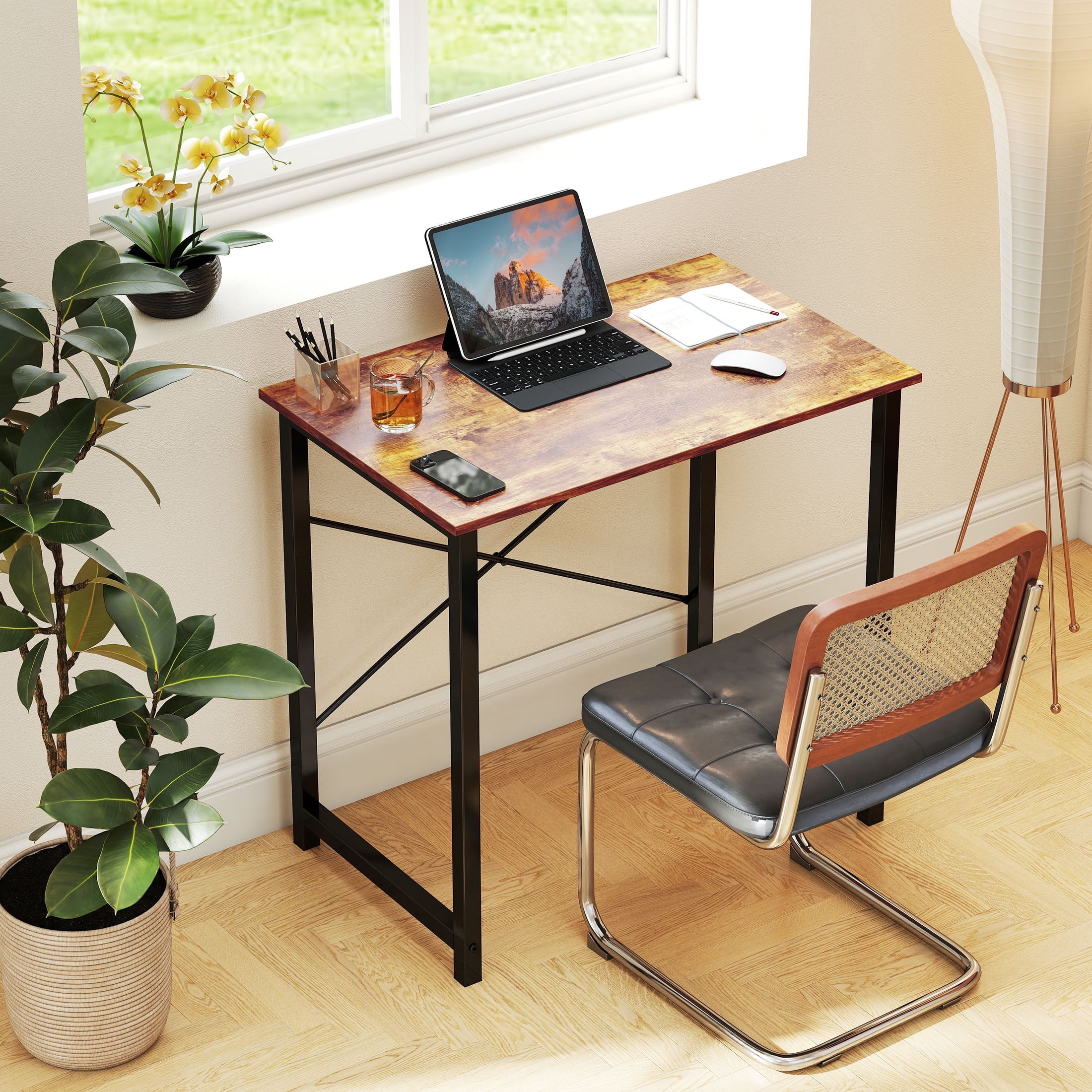 CONCETTA Computer Desk, 40 Inch with Storage Bag and Iron Hooks for Home, Office, Rustic Brown