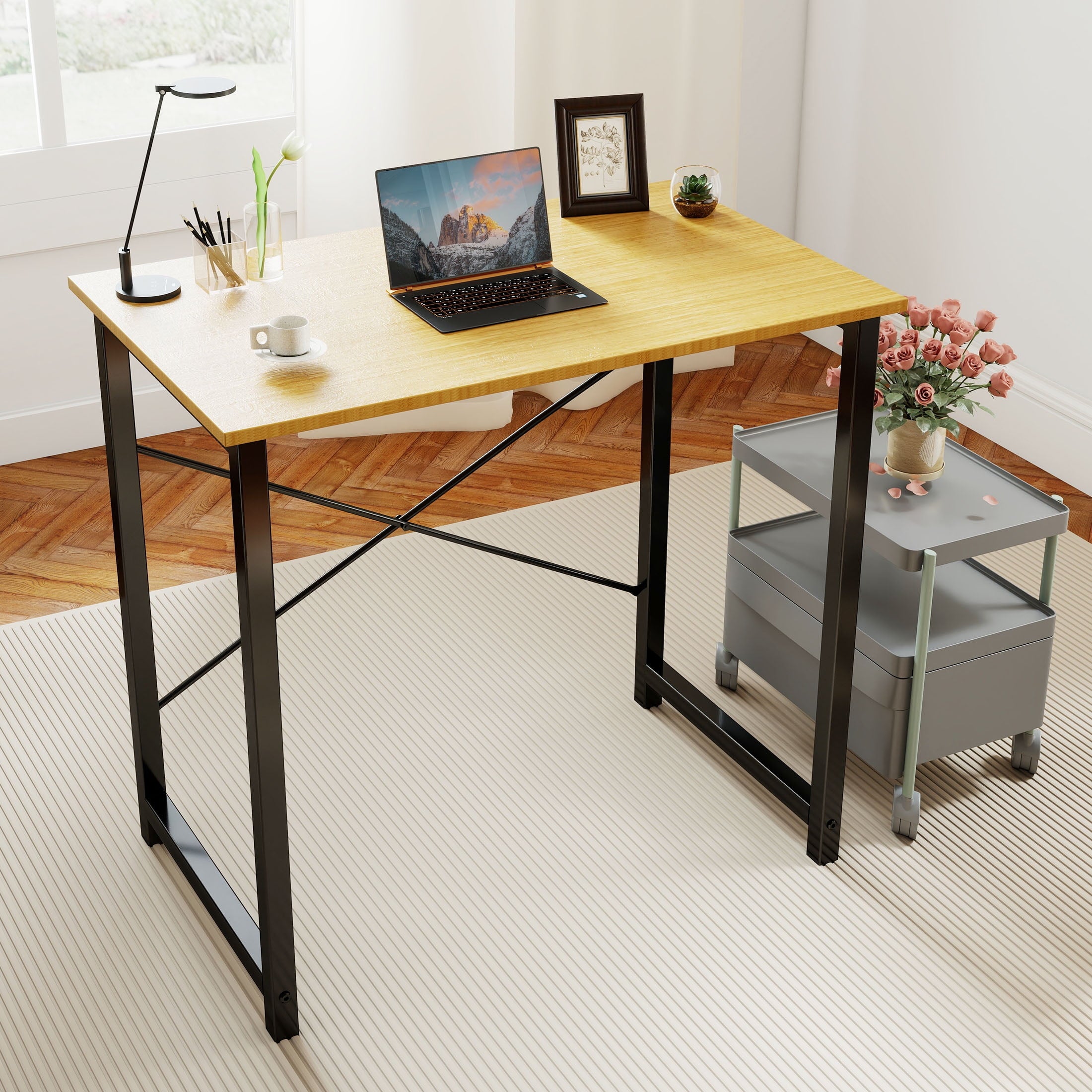 CONCETTA Computer Desk, 40 Inch with Storage Bag and Iron Hooks for Home, Office, Rustic Brown