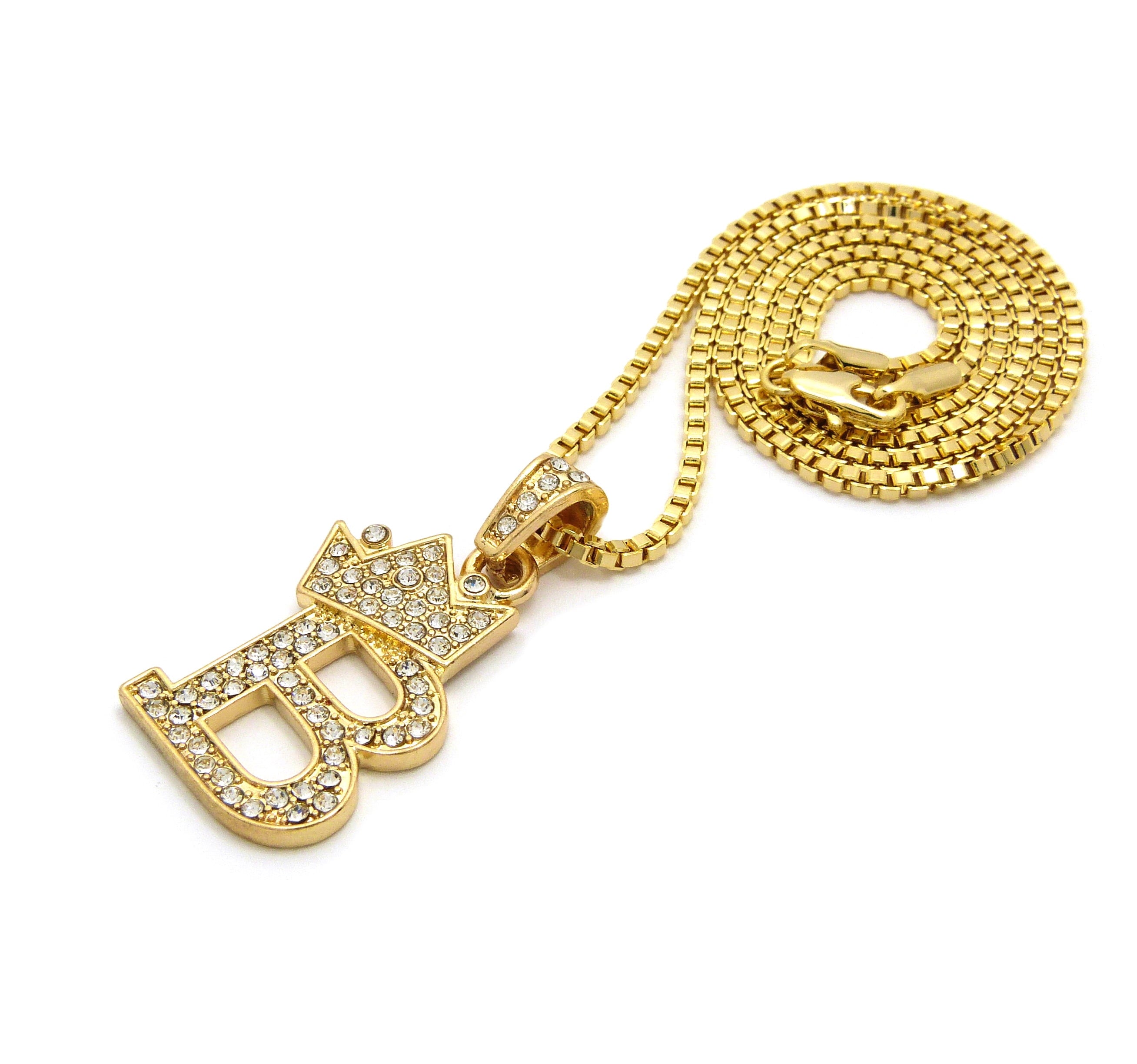 Unique Fashion 21 Stone Filled Small Initial Letter Alphabet B Pendant 2mm 24" Box Chain Necklace in Gold Tone