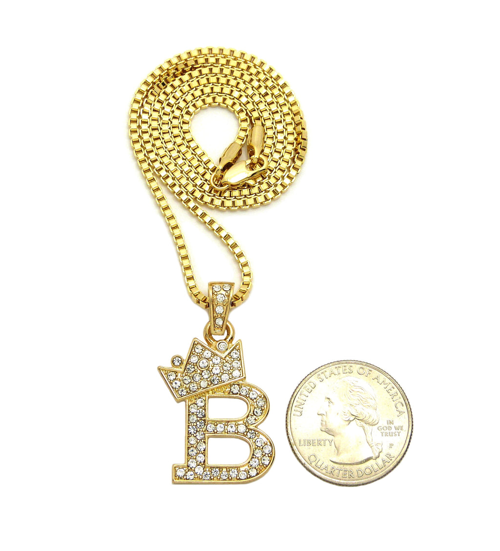 Unique Fashion 21 Stone Filled Small Initial Letter Alphabet B Pendant 2mm 24" Box Chain Necklace in Gold Tone