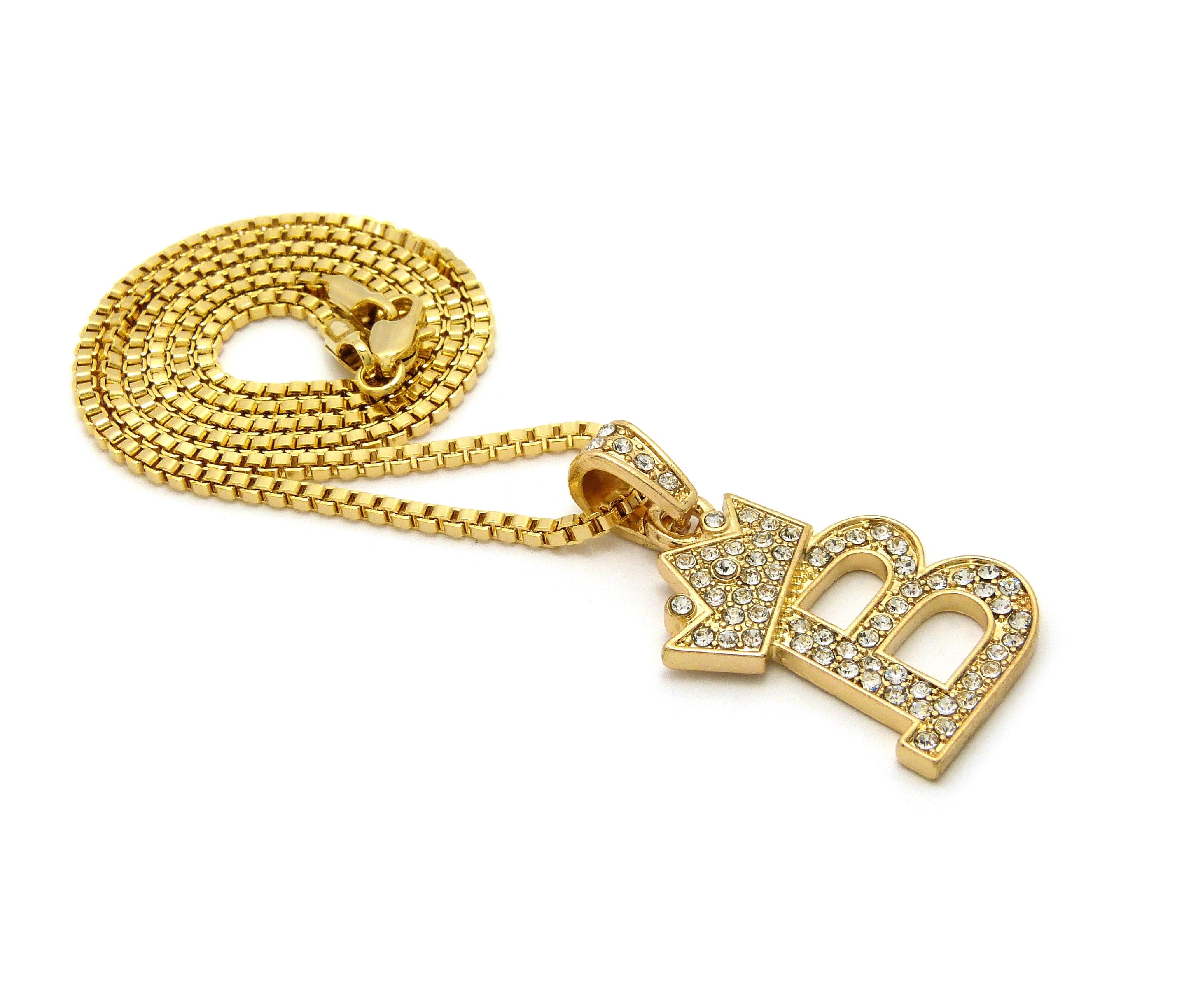 Unique Fashion 21 Stone Filled Small Initial Letter Alphabet B Pendant 2mm 24" Box Chain Necklace in Gold Tone