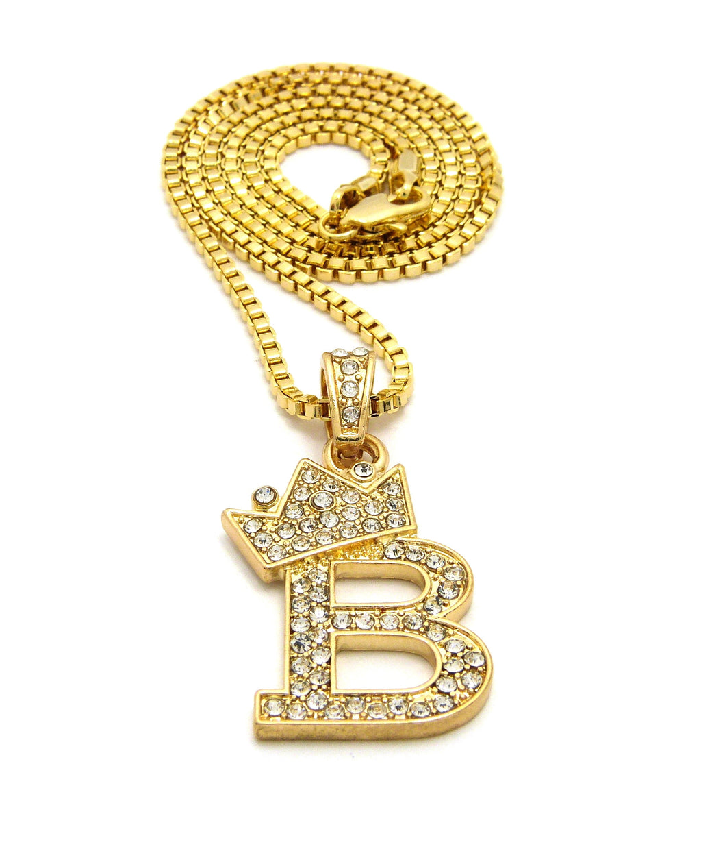 Unique Fashion 21 Stone Filled Small Initial Letter Alphabet B Pendant 2mm 24" Box Chain Necklace in Gold Tone