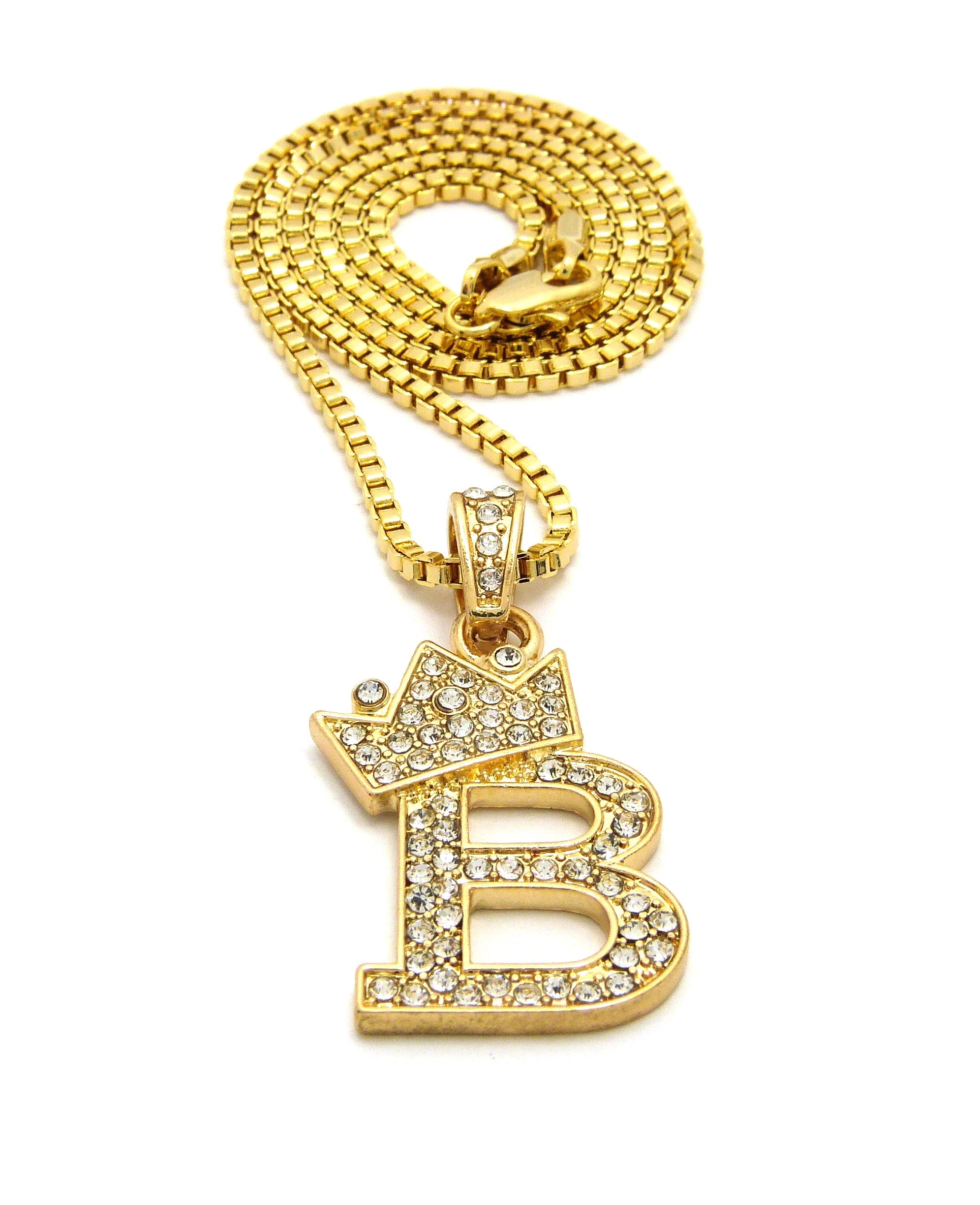 Unique Fashion 21 Stone Filled Small Initial Letter Alphabet B Pendant 2mm 24" Box Chain Necklace in Gold Tone