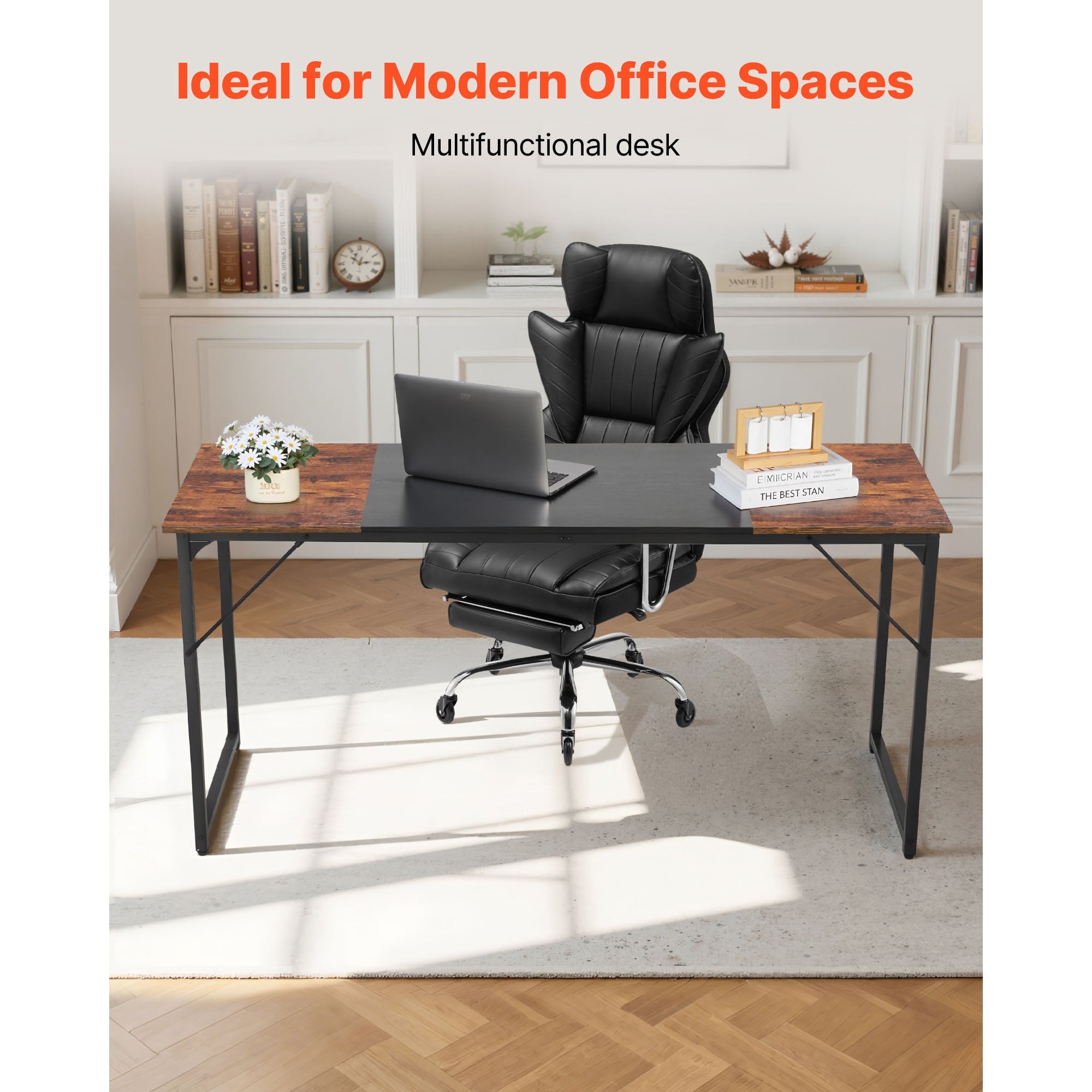 KFFKFF 63-Inch Computer Desk, Modern Office and Gaming Table for Home or Work, Writing and Study Desk with Metal Frame, Spacious Legroom, Rustic Brown and Black