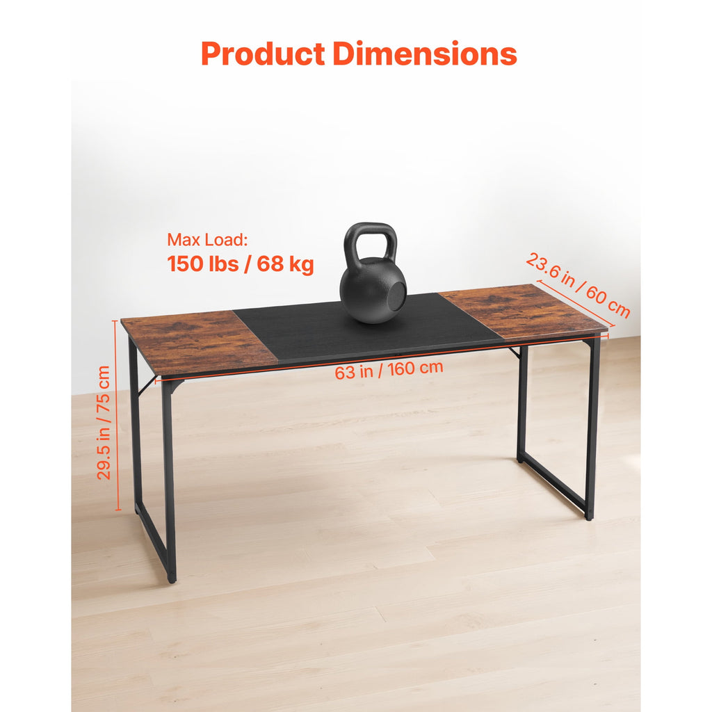 KFFKFF 63-Inch Computer Desk, Modern Office and Gaming Table for Home or Work, Writing and Study Desk with Metal Frame, Spacious Legroom, Rustic Brown and Black