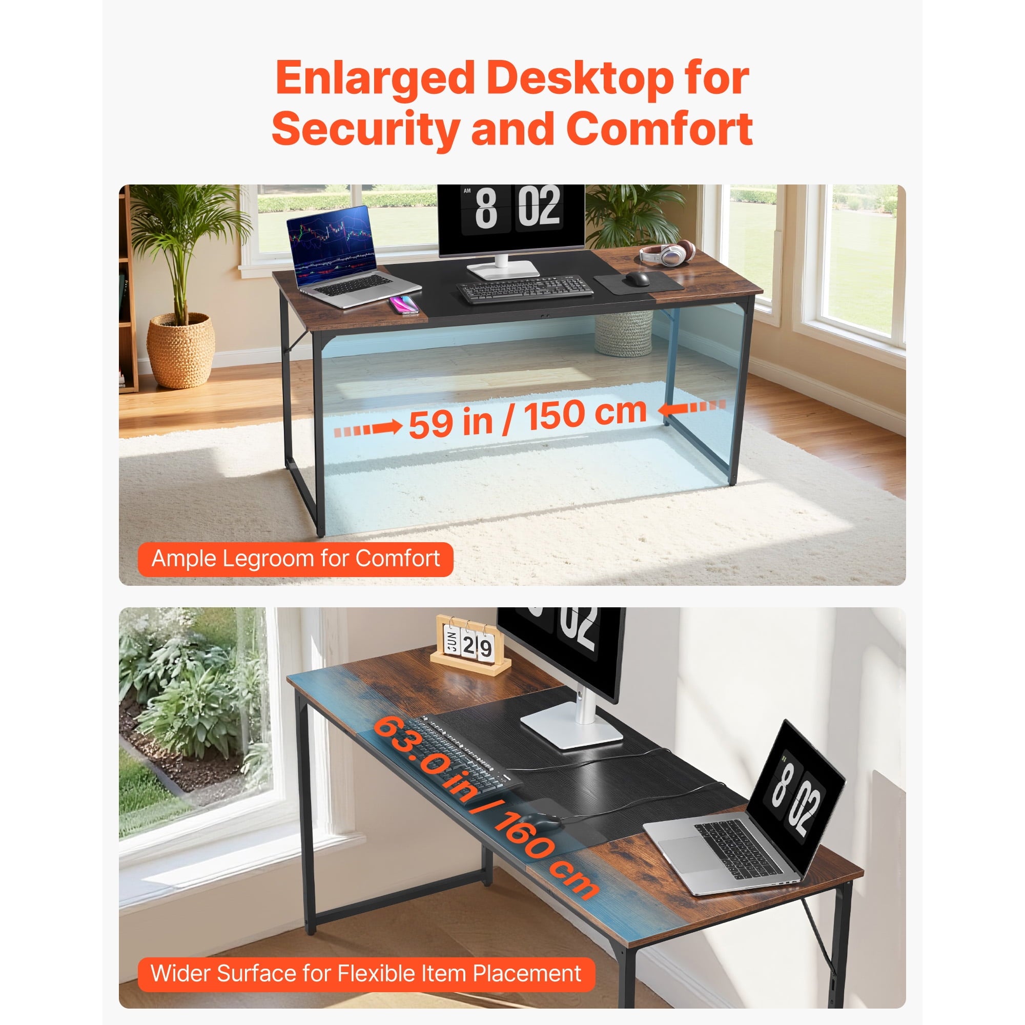 KFFKFF 63-Inch Computer Desk, Modern Office and Gaming Table for Home or Work, Writing and Study Desk with Metal Frame, Spacious Legroom, Rustic Brown and Black