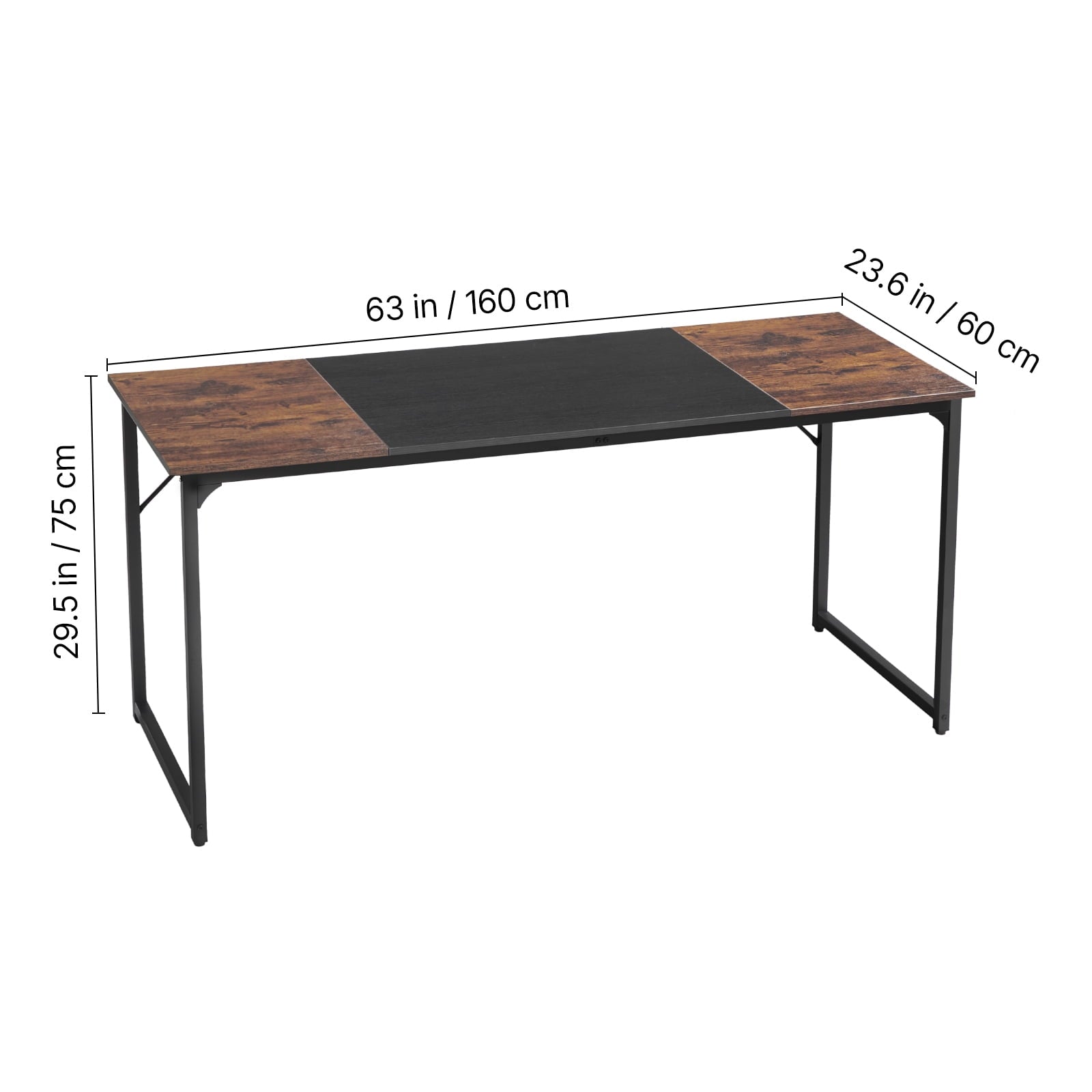 KFFKFF 63-Inch Computer Desk, Modern Office and Gaming Table for Home or Work, Writing and Study Desk with Metal Frame, Spacious Legroom, Rustic Brown and Black