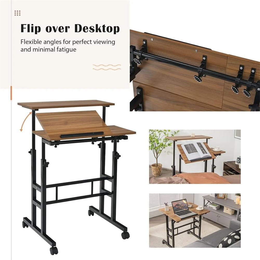 Portable Standing Desk Adjustable Height 26.4"-61", Mobile Computer Desk with Wheels, Tiltable Top &amp; CPU Stand, Rolling Laptop Table Cart for Home Office, Dark Walnut