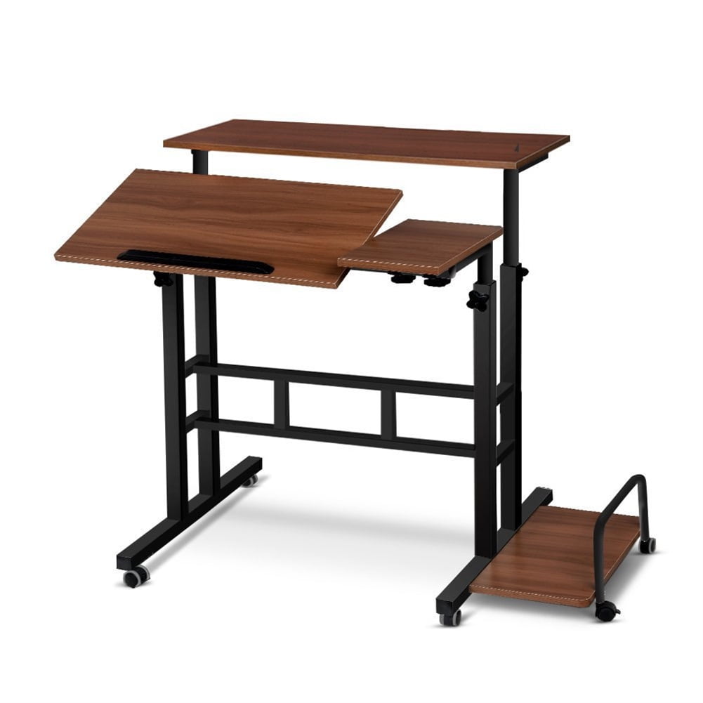 Portable Standing Desk Adjustable Height 26.4"-61", Mobile Computer Desk with Wheels, Tiltable Top &amp; CPU Stand, Rolling Laptop Table Cart for Home Office, Dark Walnut