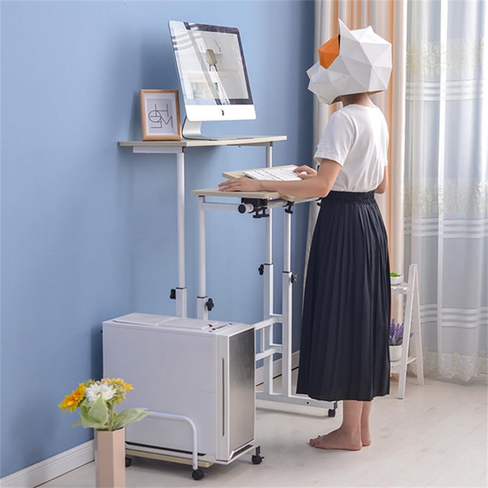 Portable Standing Desk Adjustable Height 26.4"-61", Mobile Computer Desk with Wheels, Tiltable Top &amp; CPU Stand, Rolling Laptop Table Cart for Home Office, Dark Walnut