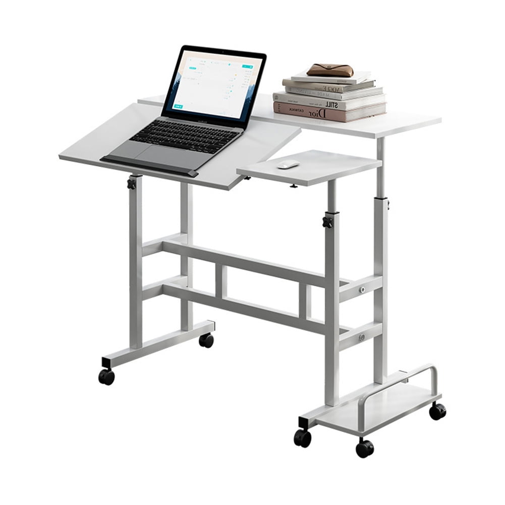 Portable Standing Desk Adjustable Height 26.4"-61", Mobile Computer Desk with Wheels, Tiltable Top &amp; CPU Stand, Rolling Laptop Table Cart for Home Office, Dark Walnut