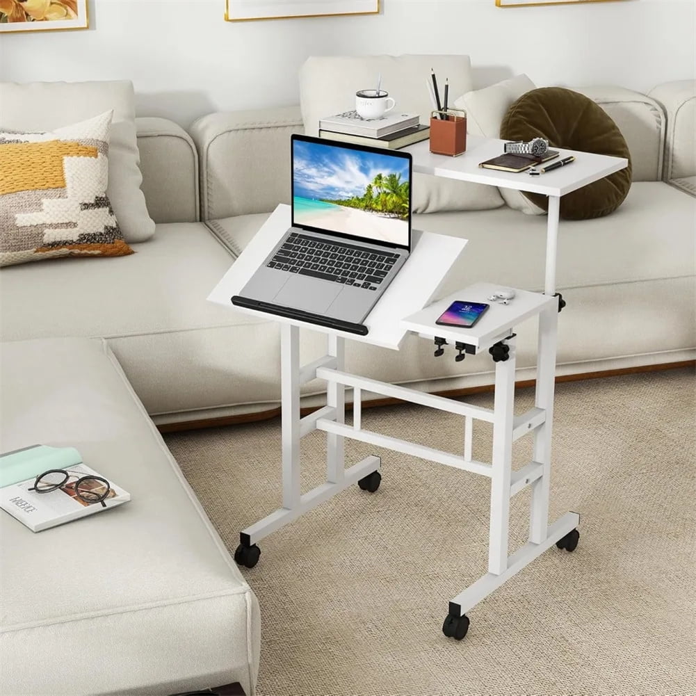 Portable Standing Desk Adjustable Height 26.4"-61", Mobile Computer Desk with Wheels, Tiltable Top &amp; CPU Stand, Rolling Laptop Table Cart for Home Office, Dark Walnut