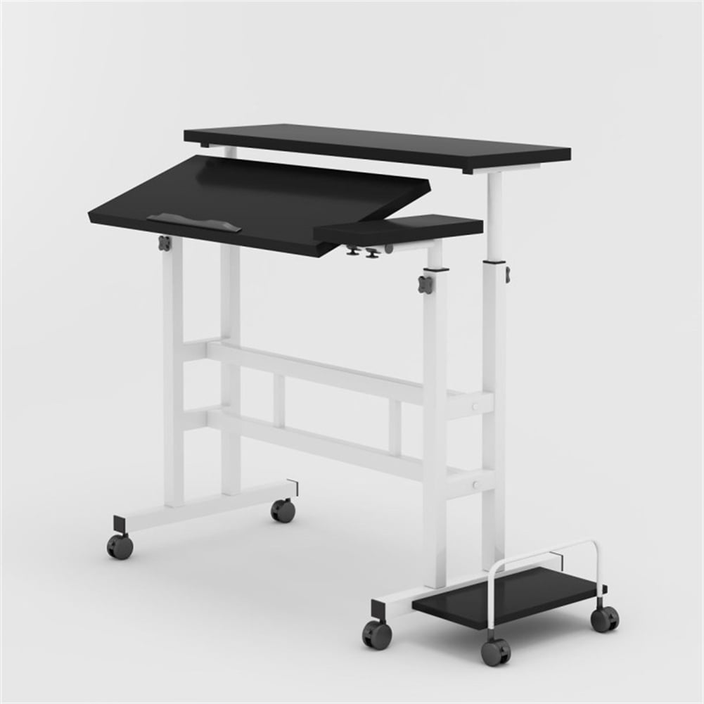 Portable Standing Desk Adjustable Height 26.4"-61", Mobile Computer Desk with Wheels, Tiltable Top &amp; CPU Stand, Rolling Laptop Table Cart for Home Office, Dark Walnut