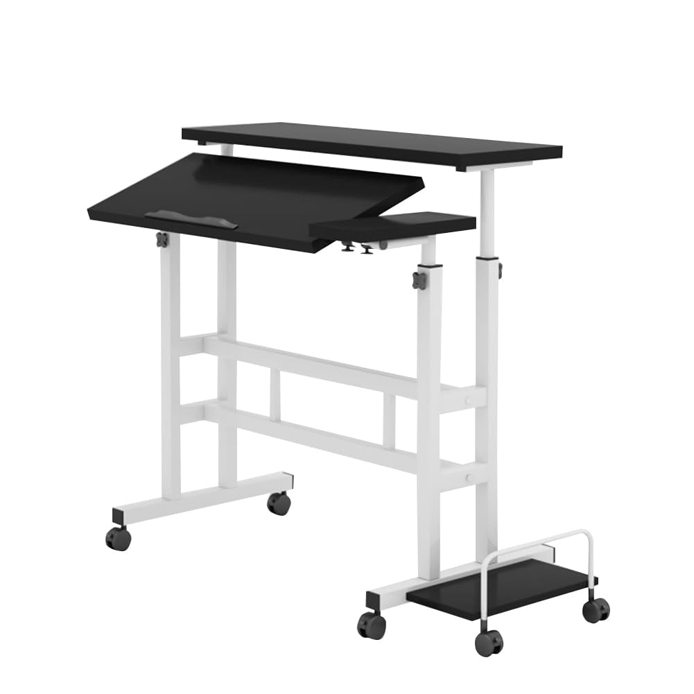 Portable Standing Desk Adjustable Height 26.4"-61", Mobile Computer Desk with Wheels, Tiltable Top &amp; CPU Stand, Rolling Laptop Table Cart for Home Office, Dark Walnut