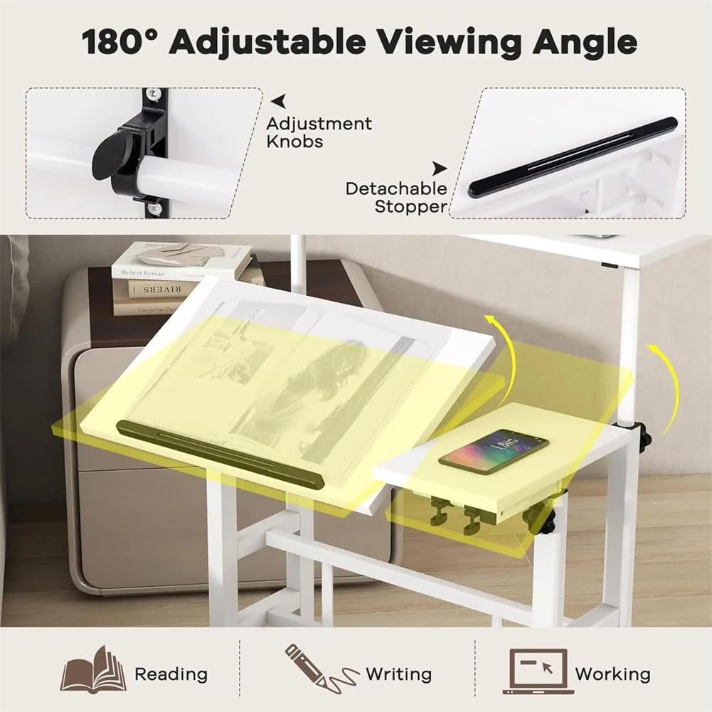Portable Standing Desk Adjustable Height 26.4"-61", Mobile Computer Desk with Wheels, Tiltable Top &amp; CPU Stand, Rolling Laptop Table Cart for Home Office, Dark Walnut