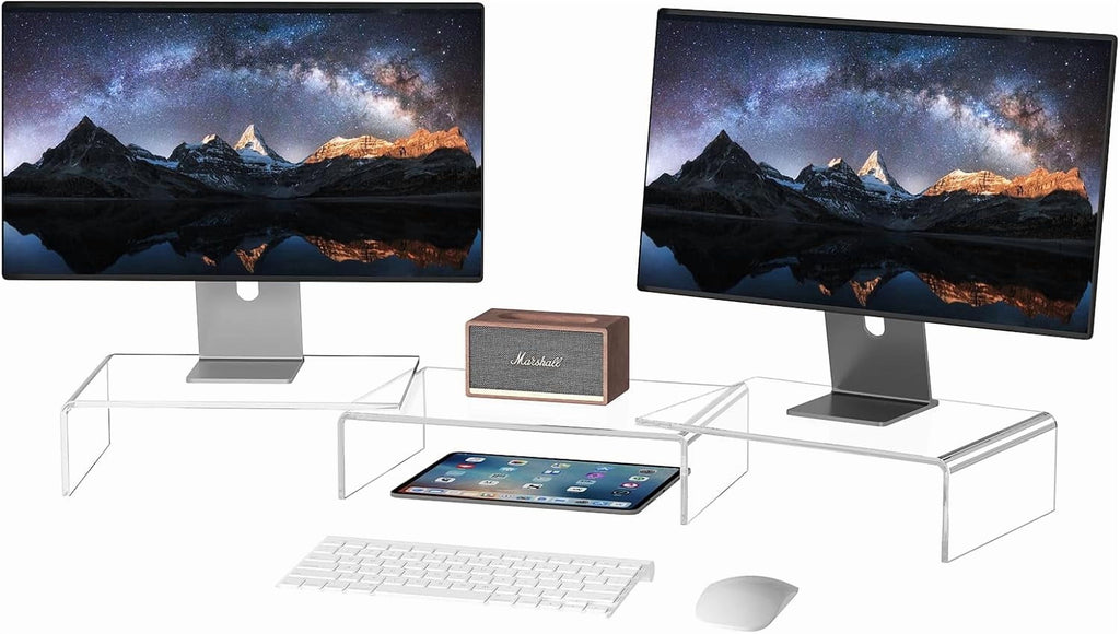 X-cosrack Clear Acrylic Monitor Stand Riser, 3 Shelves Adjustable Dual Monitor Stand with Anti-Slip Mat, Premium Desk Organizer for Home Office, Laptops, PCs, Printers, TVs