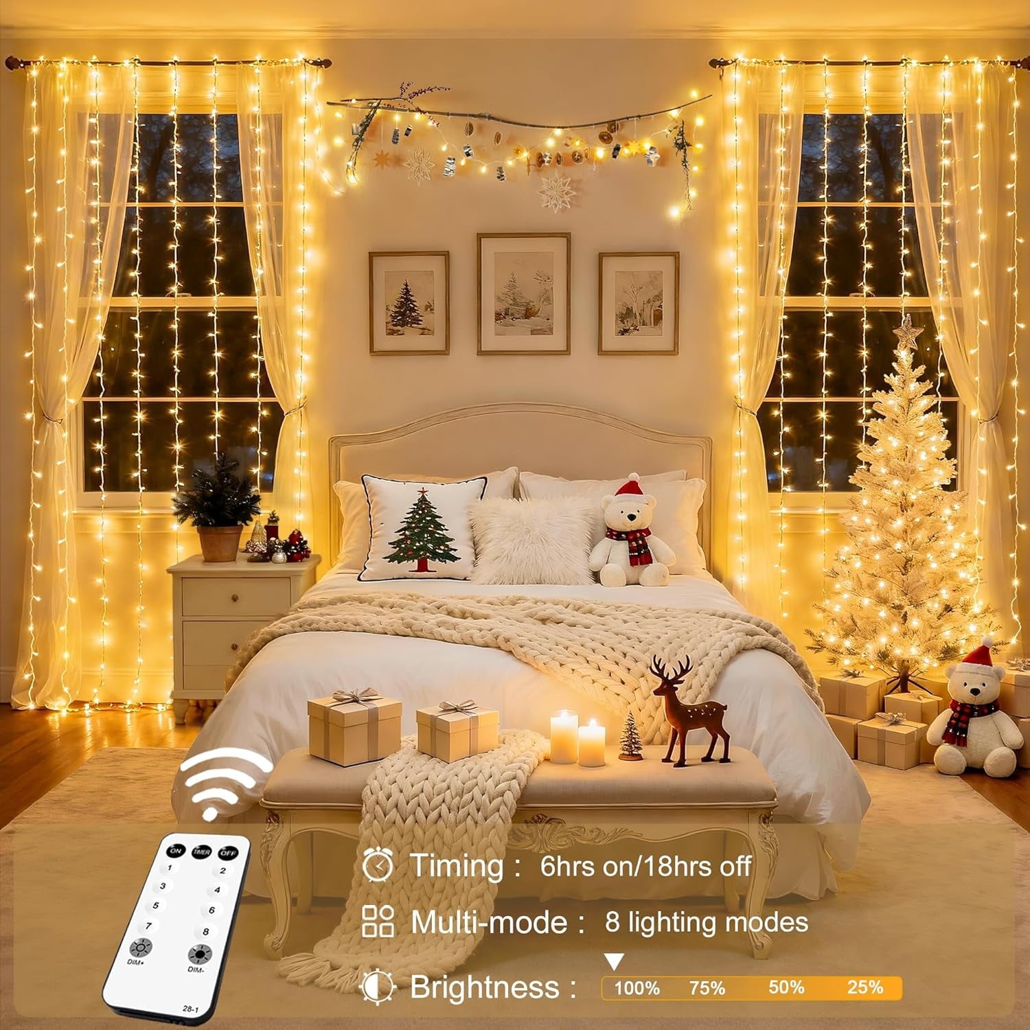 300 LED Curtain Lights 10x10FT Indoor Bedroom Wall Window Fairy Lights Perfect for Outdoor Christmas Wedding Decor New Year Celebration(Warm White)