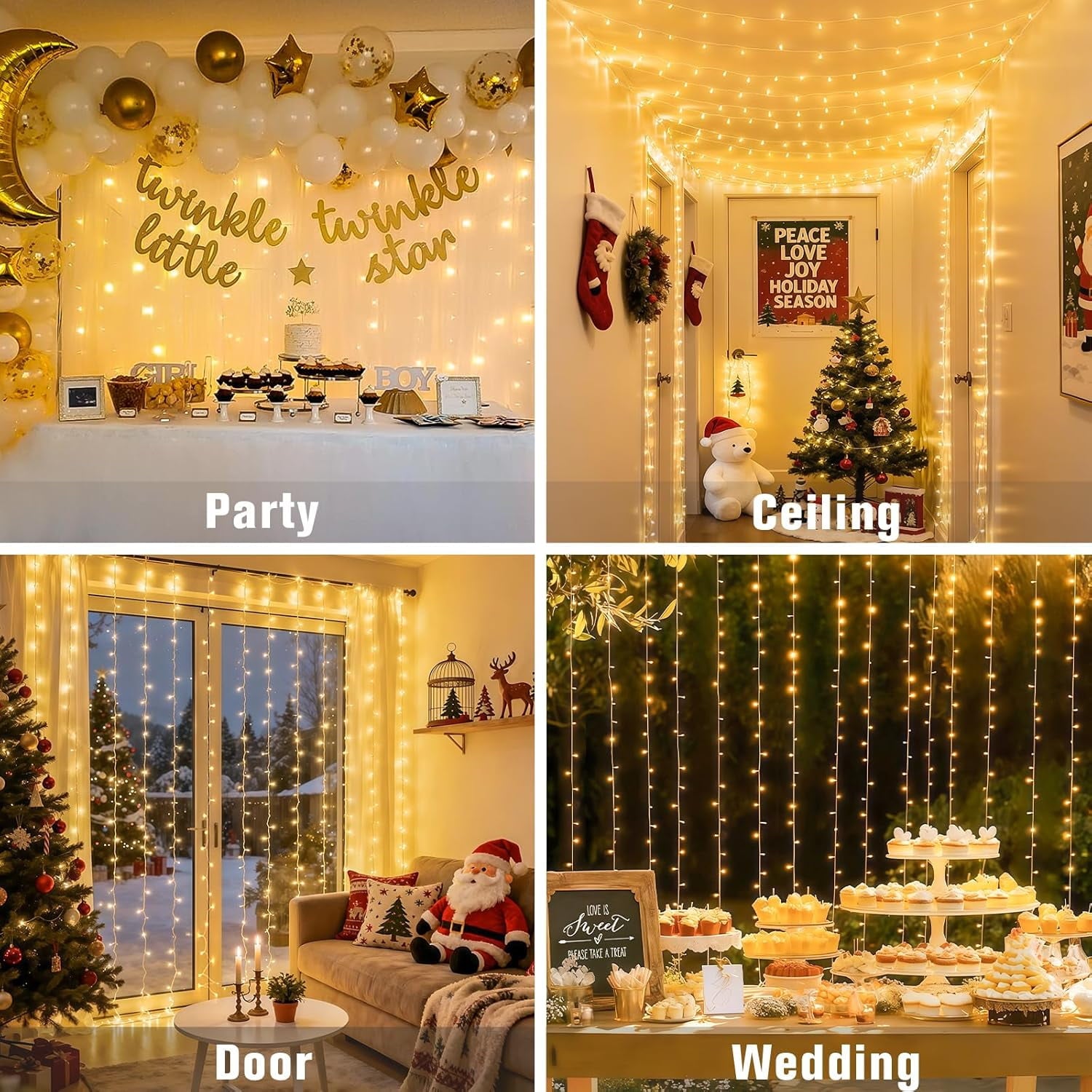 300 LED Curtain Lights 10x10FT Indoor Bedroom Wall Window Fairy Lights Perfect for Outdoor Christmas Wedding Decor New Year Celebration(Warm White)