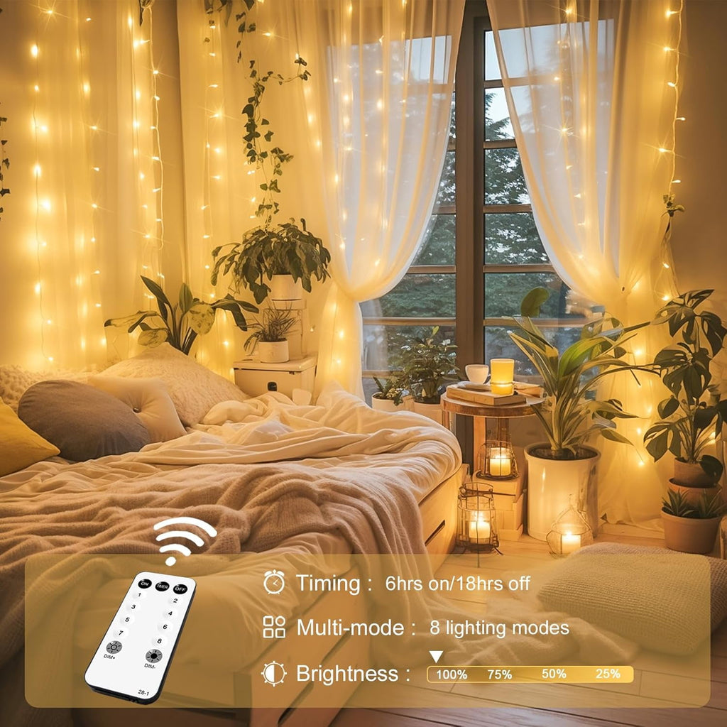 300 LED Curtain Lights 10x10FT Indoor Bedroom Wall Window Fairy Lights Perfect for Outdoor Christmas Wedding Decor New Year Celebration(Warm White)