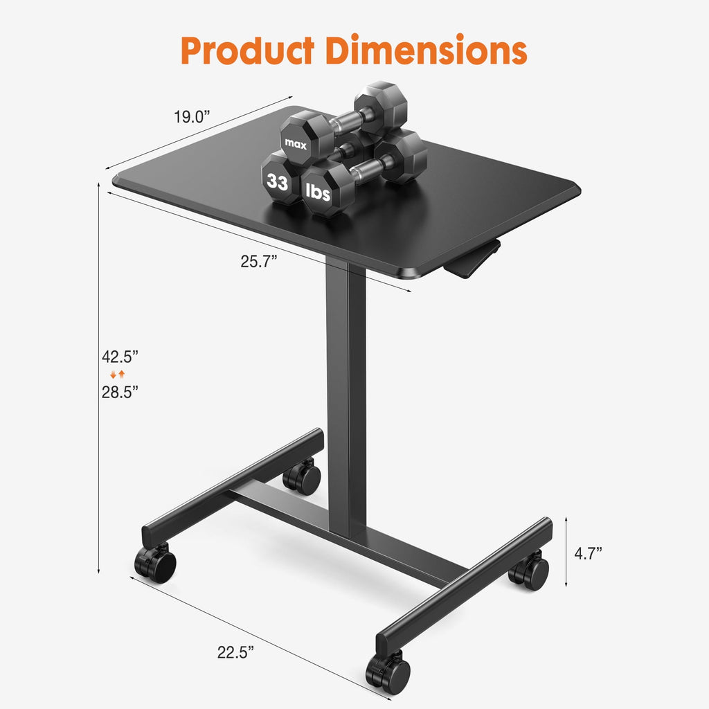 Blazezo Small Rolling Desk with Wheels, Portable Standing Desk Adjustable Height, Small Computer Desk with Lockable Casters, Compact Workstation for Home Office Use, 19 Inch Tabletop Black