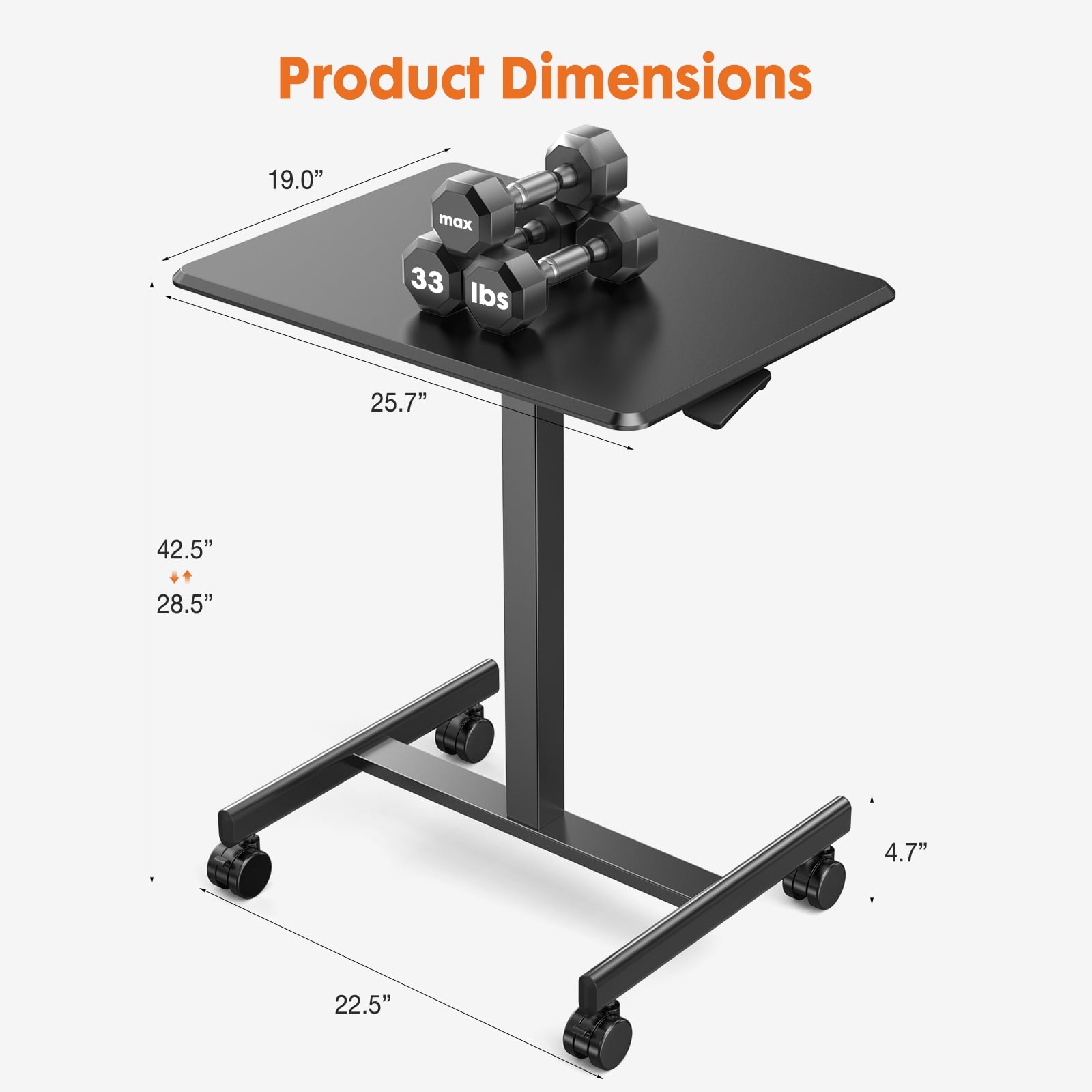 Blazezo Small Rolling Desk with Wheels, Portable Standing Desk Adjustable Height, Small Computer Desk with Lockable Casters, Compact Workstation for Home Office Use, 19 Inch Tabletop Black