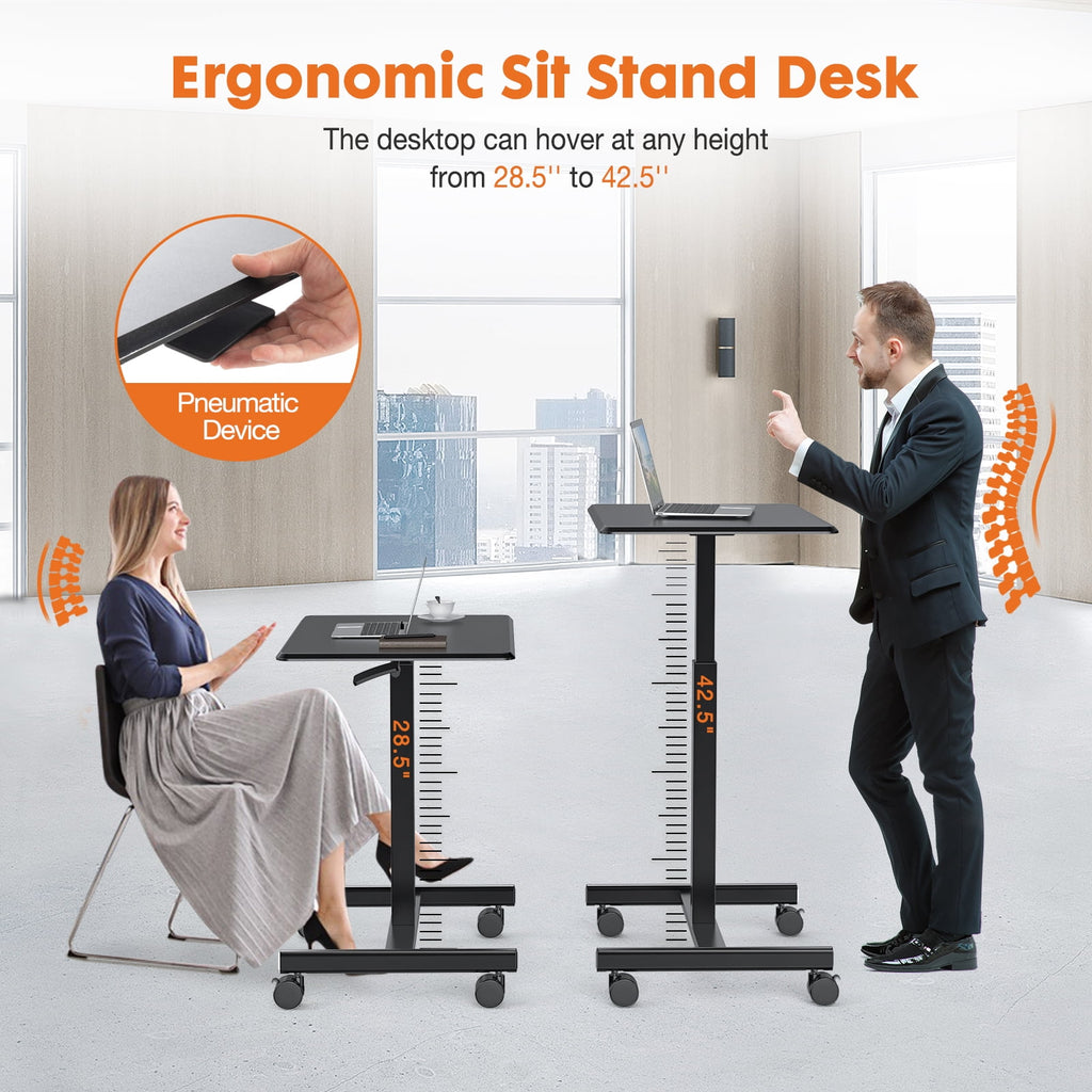 Blazezo Small Rolling Desk with Wheels, Portable Standing Desk Adjustable Height, Small Computer Desk with Lockable Casters, Compact Workstation for Home Office Use, 19 Inch Tabletop Black