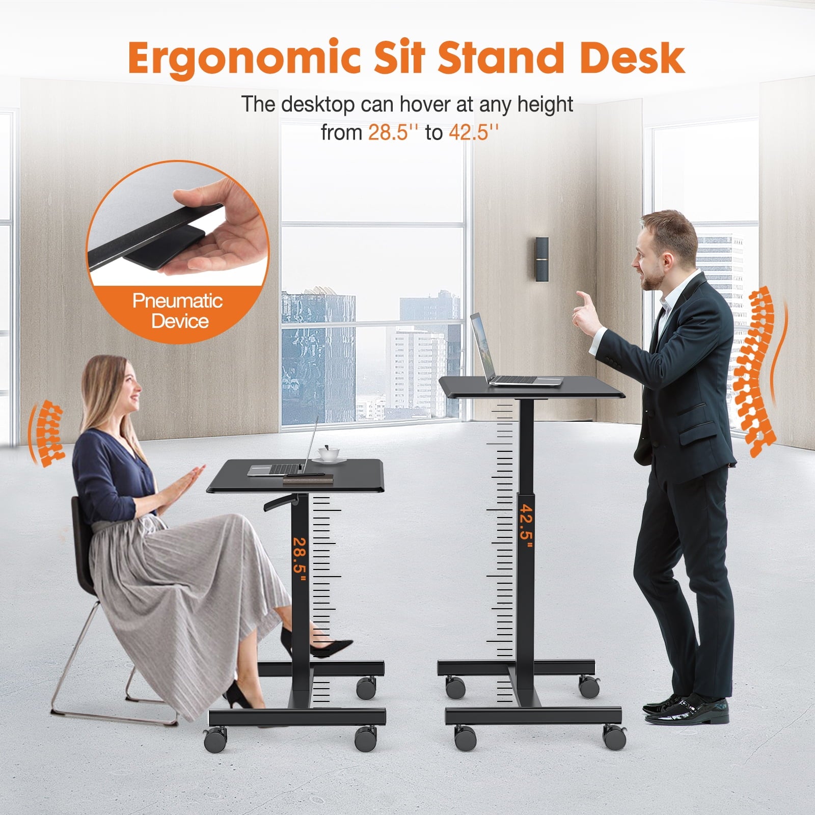 Blazezo Small Rolling Desk with Wheels, Portable Standing Desk Adjustable Height, Small Computer Desk with Lockable Casters, Compact Workstation for Home Office Use, 19 Inch Tabletop Black