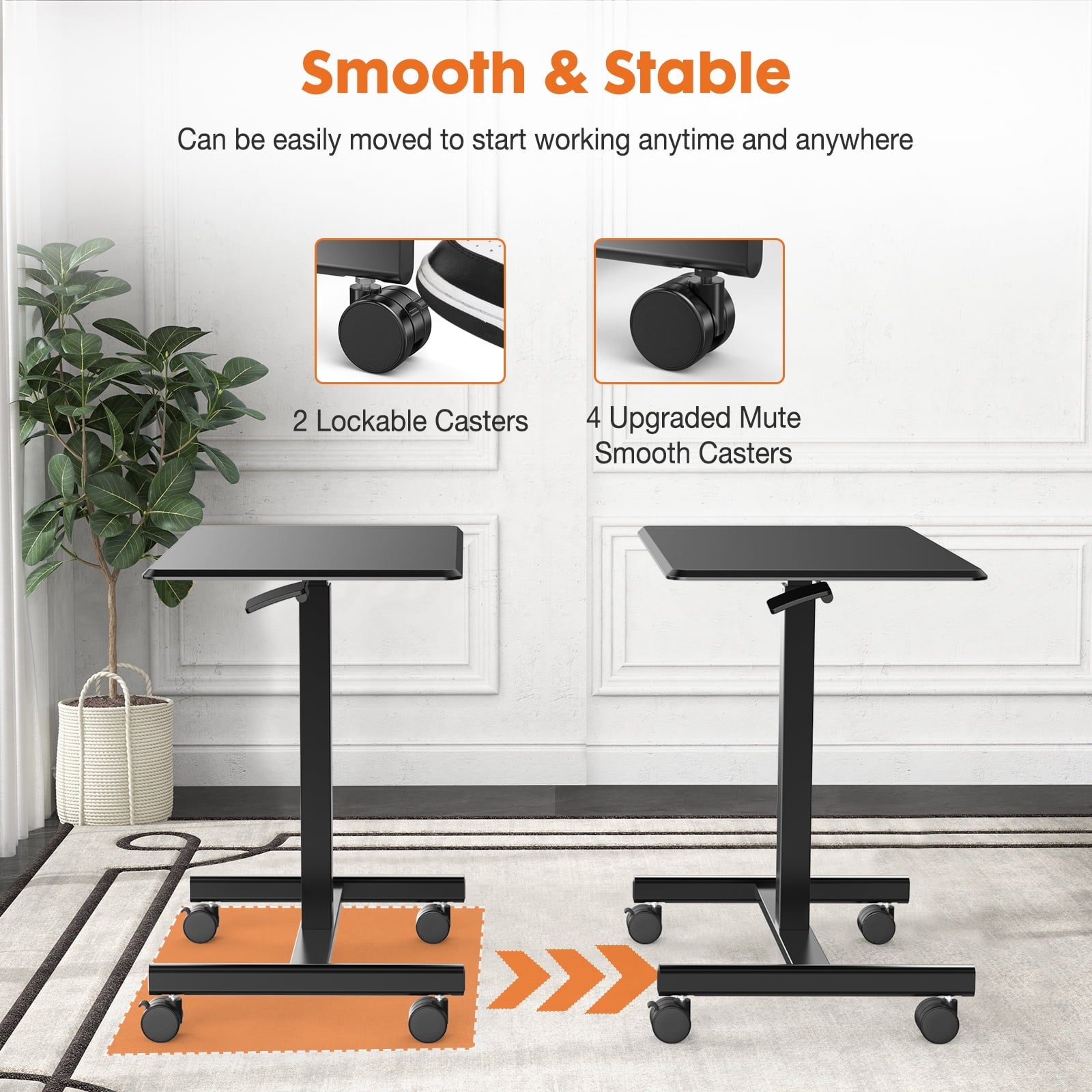 Blazezo Small Rolling Desk with Wheels, Portable Standing Desk Adjustable Height, Small Computer Desk with Lockable Casters, Compact Workstation for Home Office Use, 19 Inch Tabletop Black