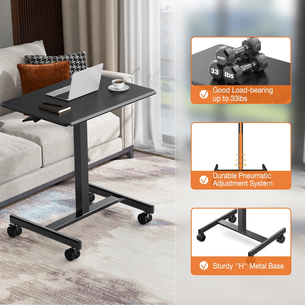 Blazezo Small Rolling Desk with Wheels, Portable Standing Desk Adjustable Height, Small Computer Desk with Lockable Casters, Compact Workstation for Home Office Use, 19 Inch Tabletop Black