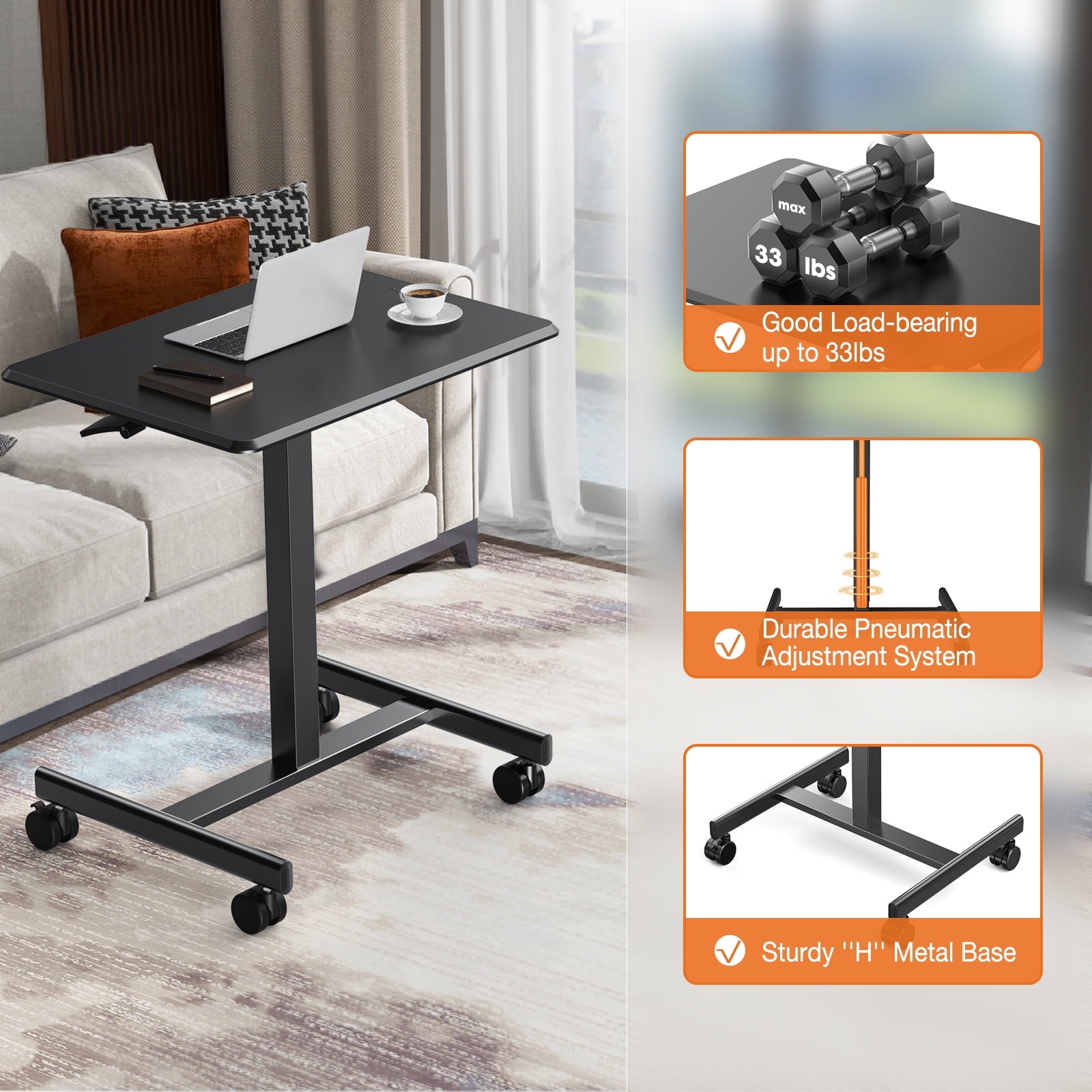 Blazezo Small Rolling Desk with Wheels, Portable Standing Desk Adjustable Height, Small Computer Desk with Lockable Casters, Compact Workstation for Home Office Use, 19 Inch Tabletop Black