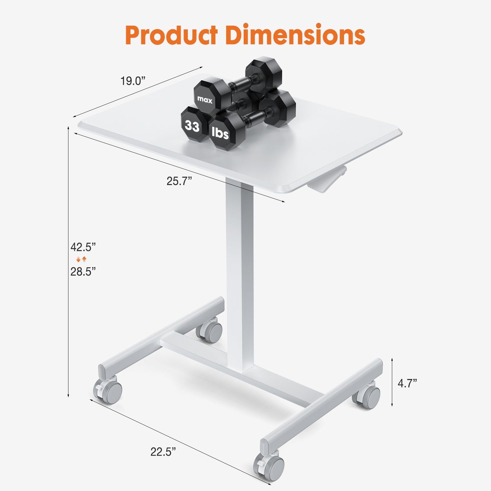 Blazezo Small Rolling Desk with Wheels, Portable Standing Desk Adjustable Height, Small Computer Desk with Lockable Casters, Compact Workstation for Home Office Use, 19 Inch Tabletop Black