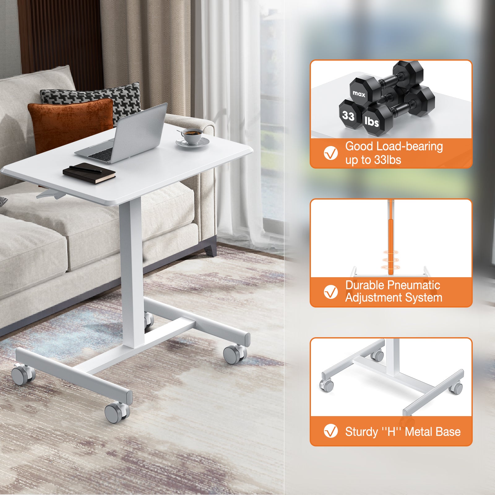 Blazezo Small Rolling Desk with Wheels, Portable Standing Desk Adjustable Height, Small Computer Desk with Lockable Casters, Compact Workstation for Home Office Use, 19 Inch Tabletop Black