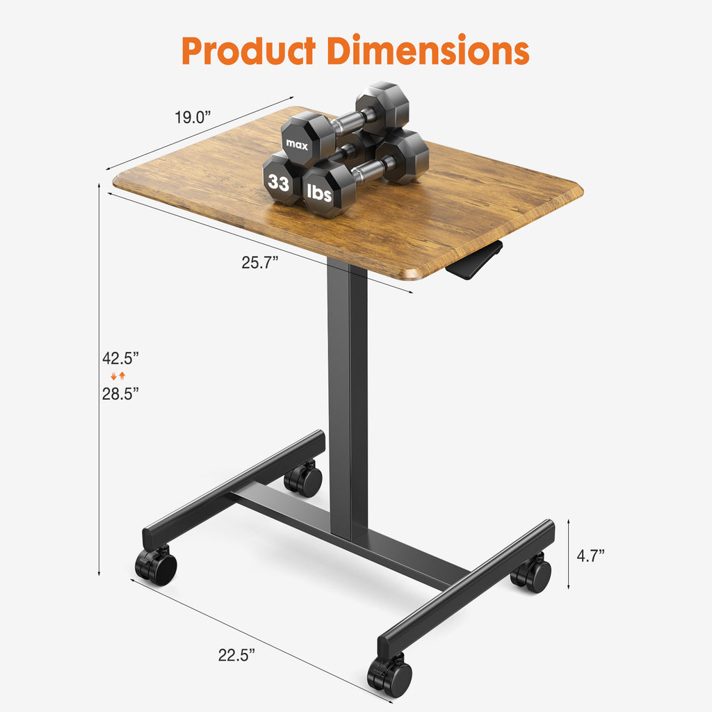 Blazezo Small Rolling Desk with Wheels, Portable Standing Desk Adjustable Height, Small Computer Desk with Lockable Casters, Compact Workstation for Home Office Use, 19 Inch Tabletop Black