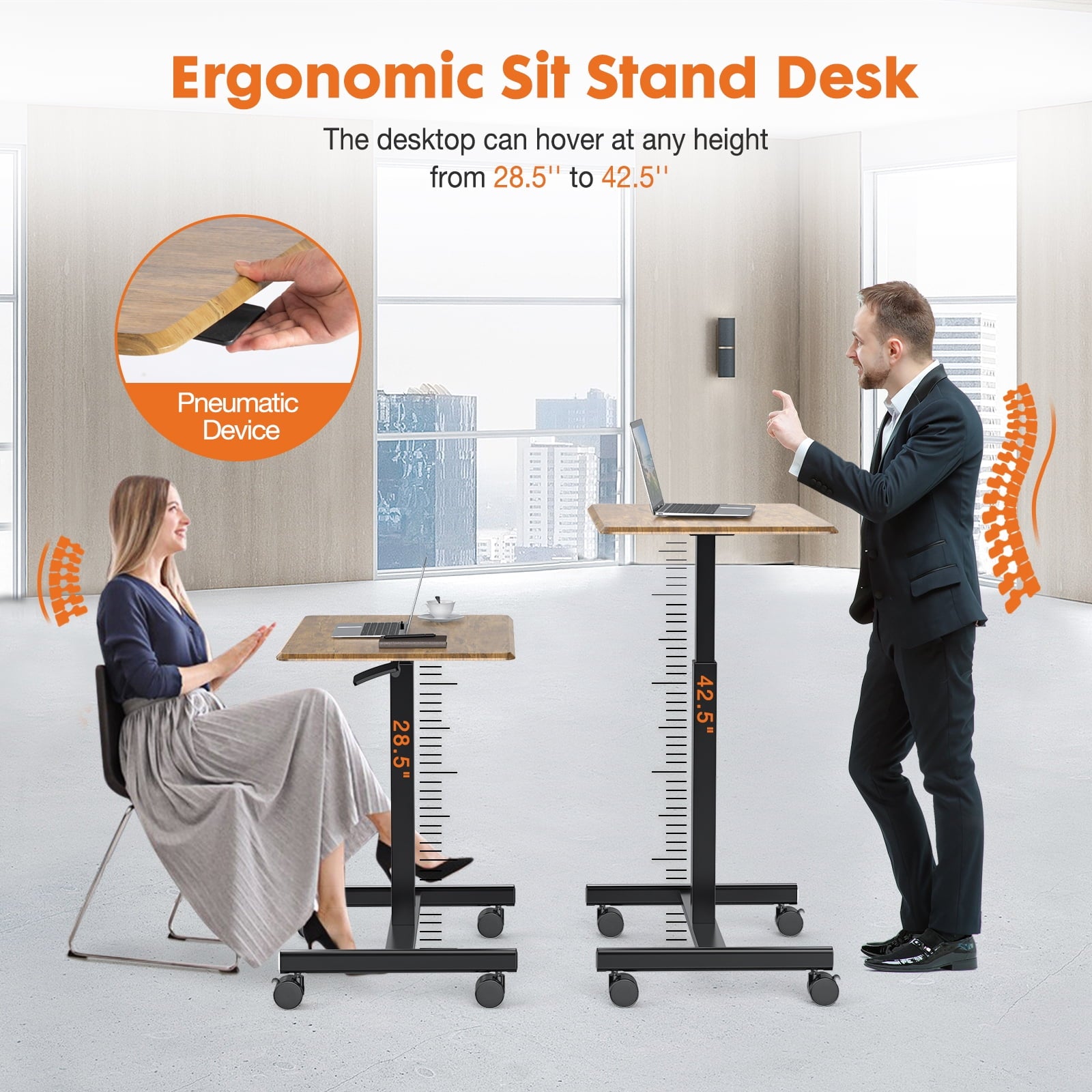 Blazezo Small Rolling Desk with Wheels, Portable Standing Desk Adjustable Height, Small Computer Desk with Lockable Casters, Compact Workstation for Home Office Use, 19 Inch Tabletop Black