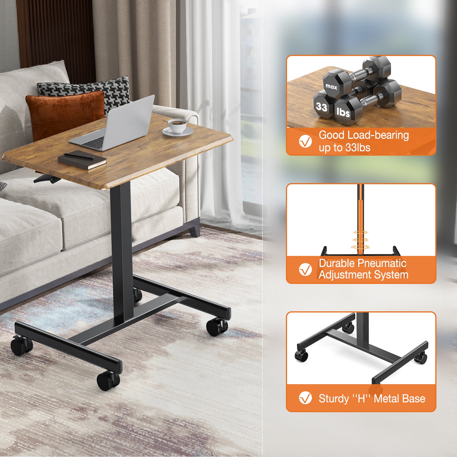 Blazezo Small Rolling Desk with Wheels, Portable Standing Desk Adjustable Height, Small Computer Desk with Lockable Casters, Compact Workstation for Home Office Use, 19 Inch Tabletop Black