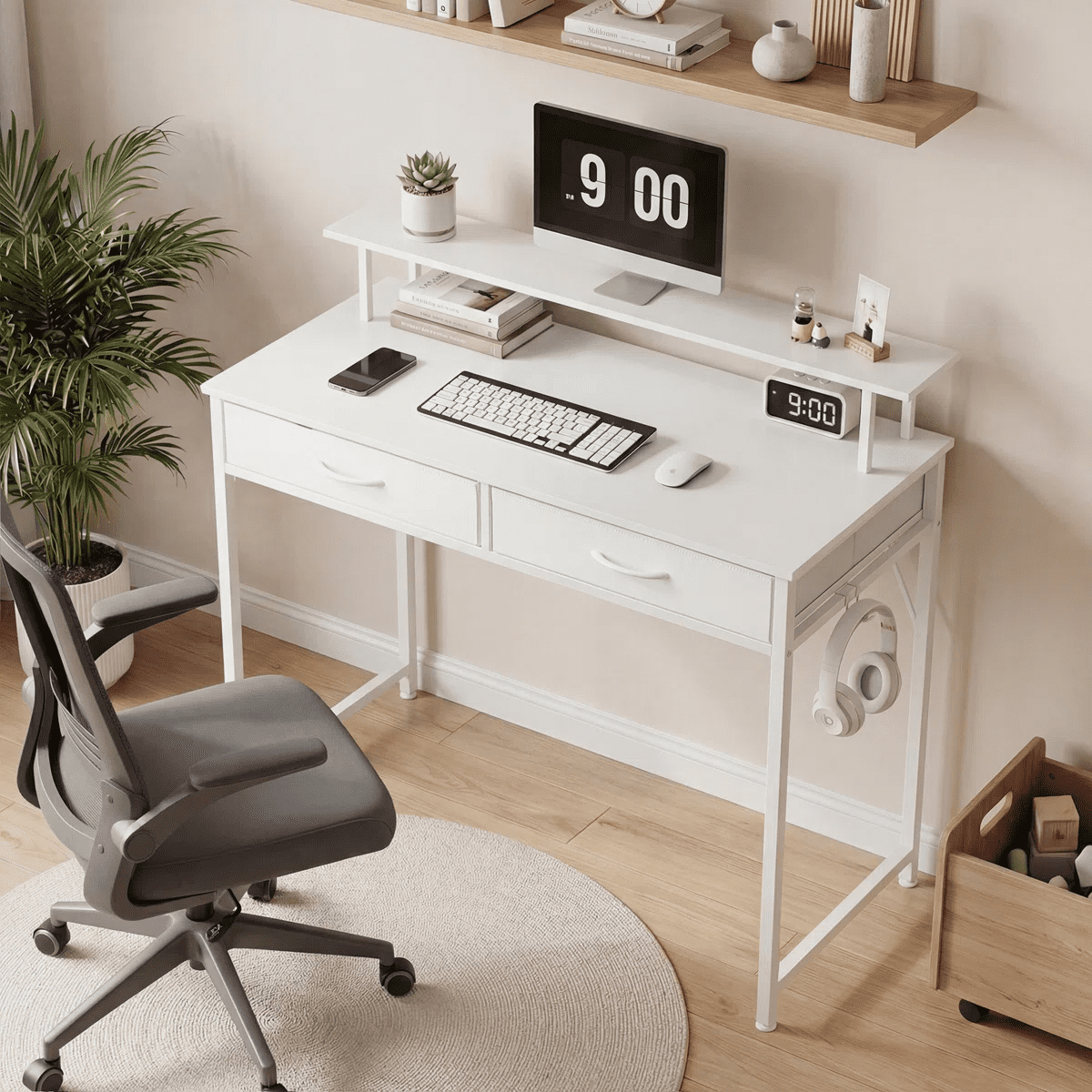 IULULU 31 inch Desk with 2 Drawers, Study Writing Wood Desk for Small Spaces, Home Office, White