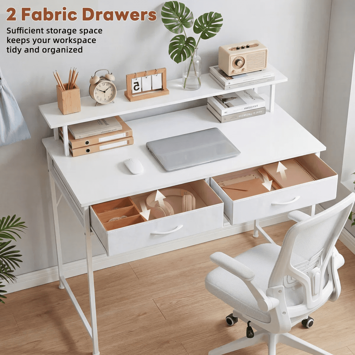 IULULU 31 inch Desk with 2 Drawers, Study Writing Wood Desk for Small Spaces, Home Office, White