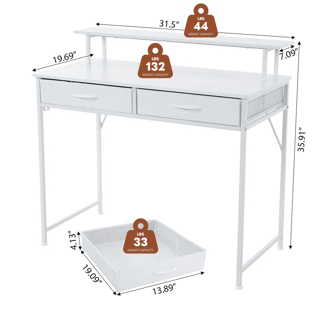 IULULU 31 inch Desk with 2 Drawers, Study Writing Wood Desk for Small Spaces, Home Office, White