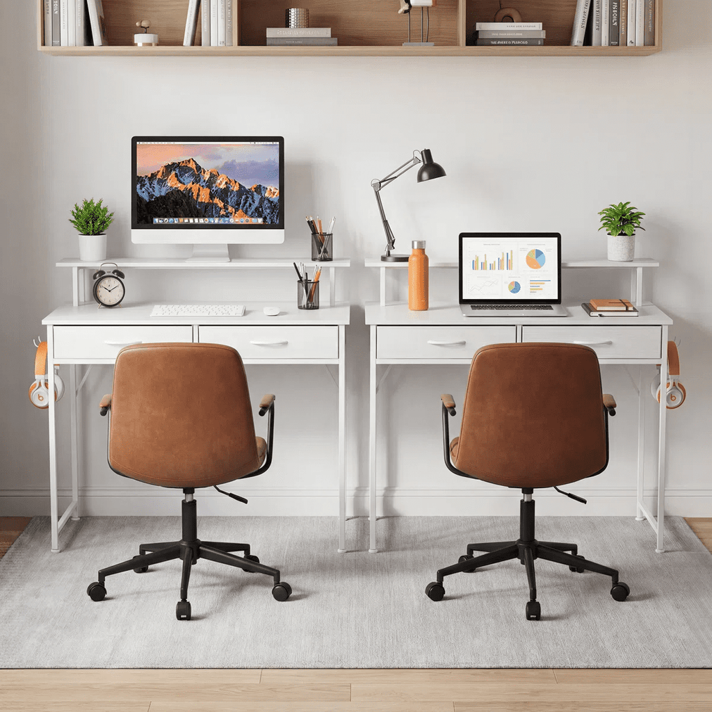 IULULU 31 inch Desk with 2 Drawers, Study Writing Wood Desk for Small Spaces, Home Office, White